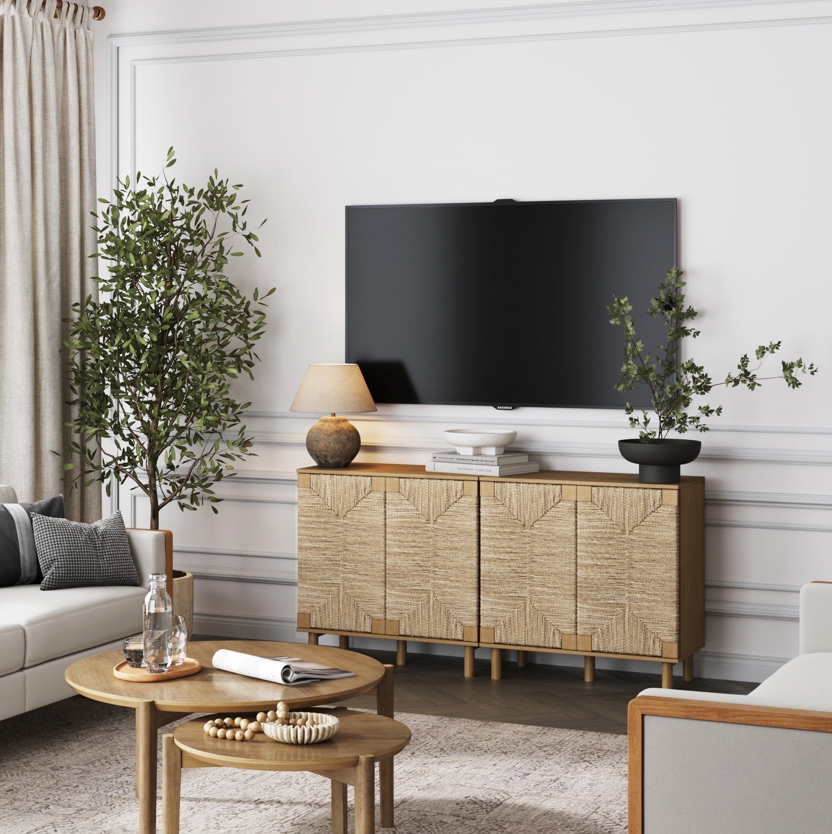 Wood TV Console for TVs 55 - 65" with Seagrass Doors Light Brown - Nathan James