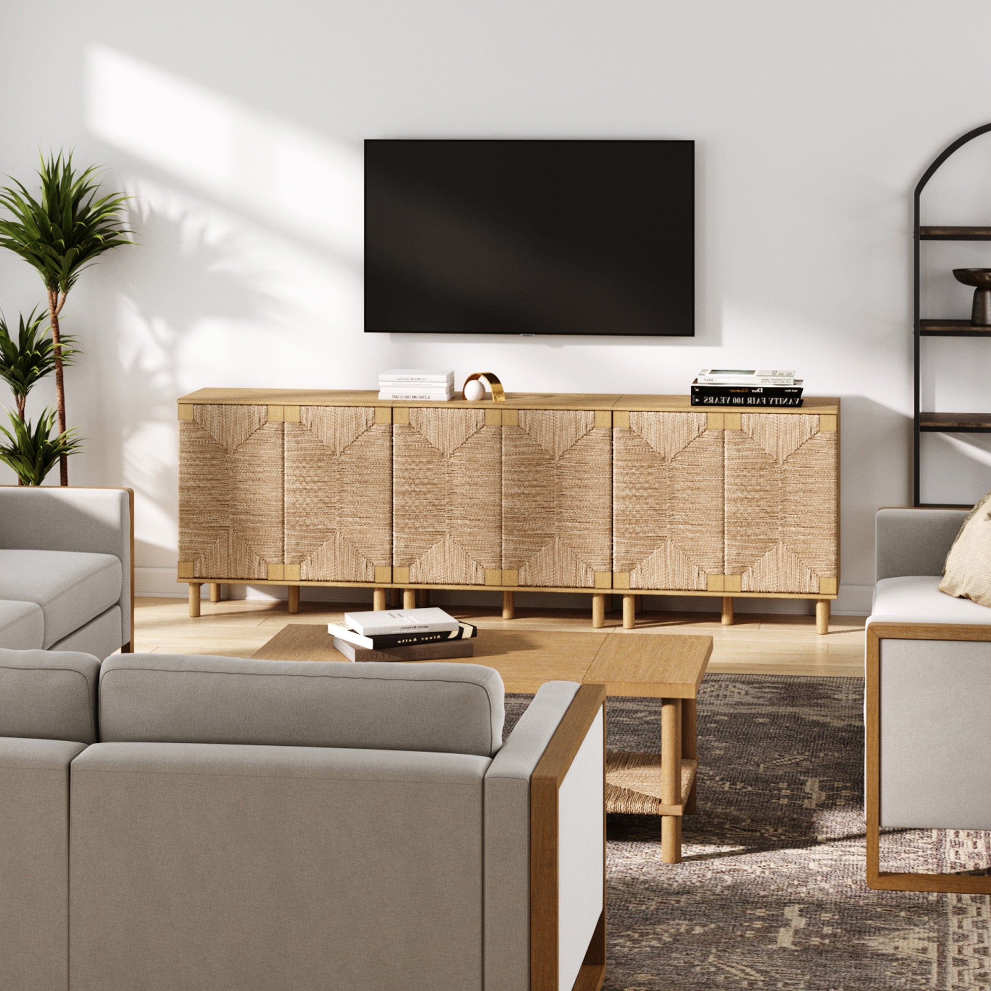 Wood TV Console for TVs 75 - 85" with Seagrass Doors Light Brown - Nathan James