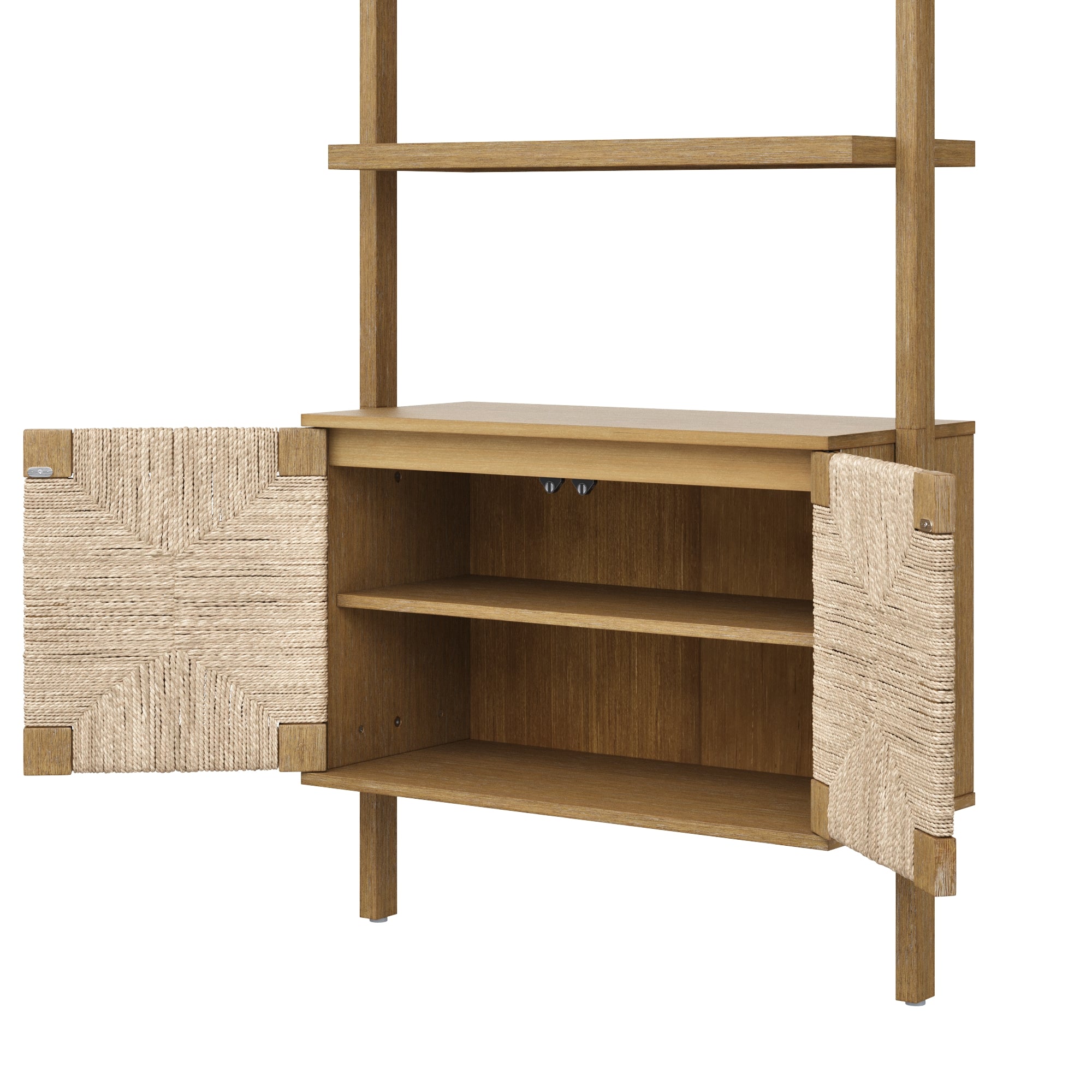 A wooden wall-mounted shelf unit with two open shelves and a lower cabinet. The cabinet doors are open, revealing two interior shelves. The doors feature a textured, woven pattern.