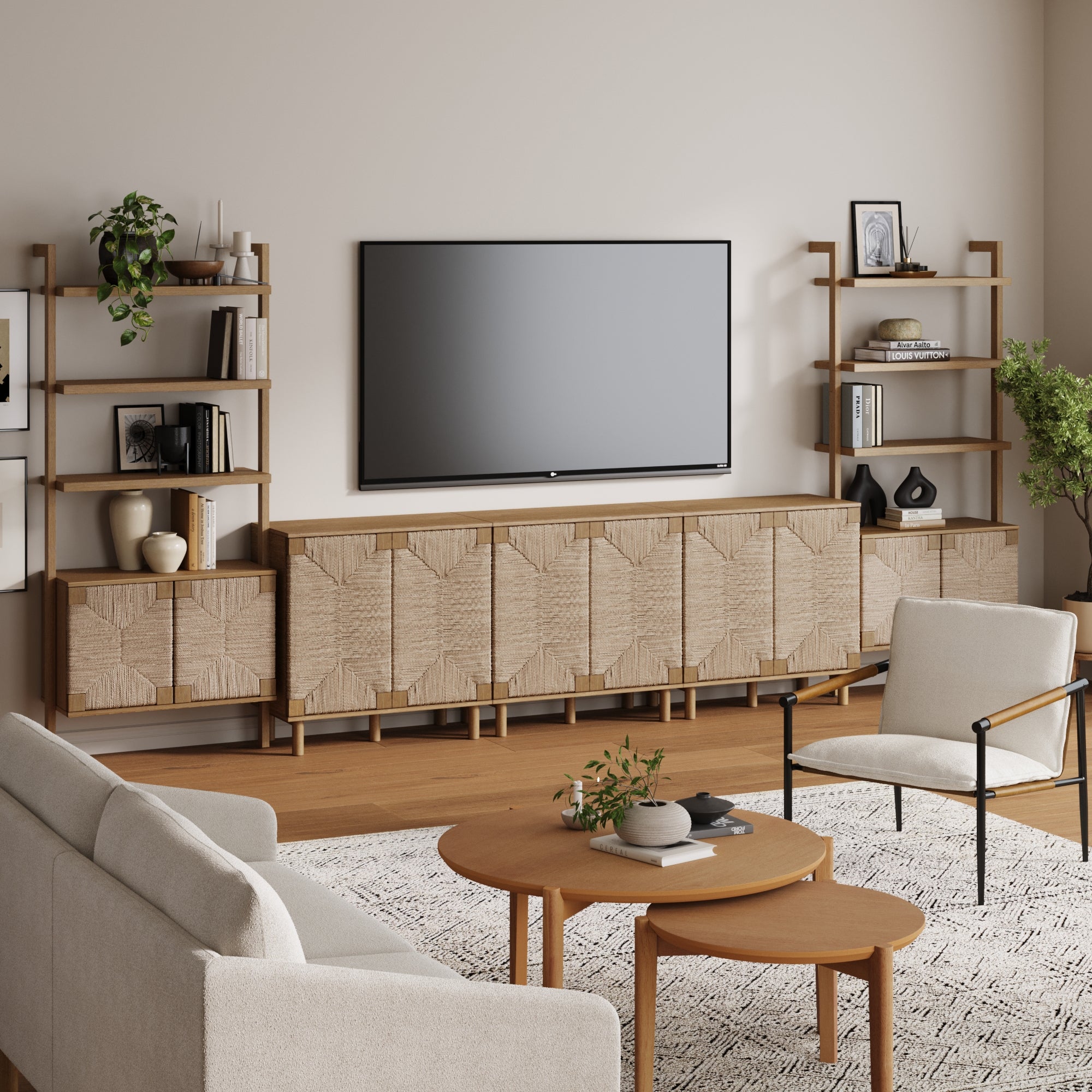 Boho Seagrass Entertainment Center Light Brown (3 Cabinets) - Nathan James