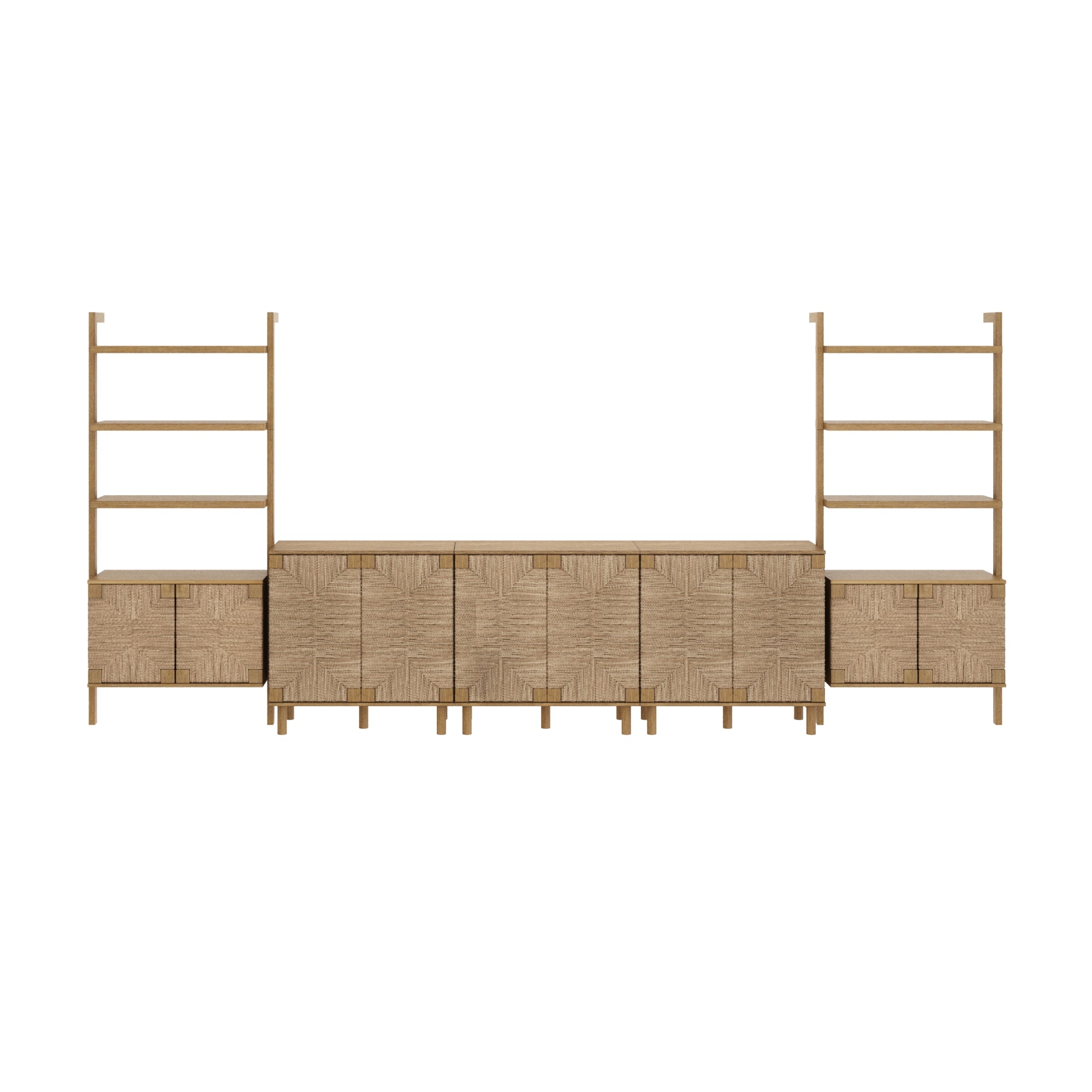A wooden storage unit with a central cabinet featuring four doors and lower drawers, flanked by two tall open shelving units on either side. The design is minimalist with a natural wood finish.