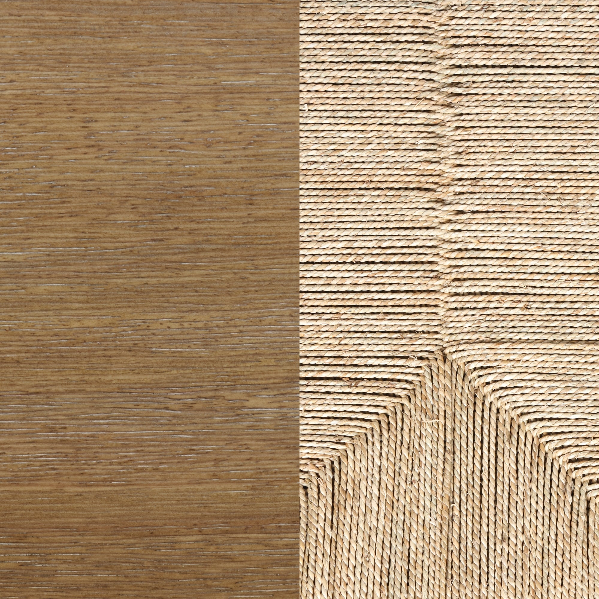 Close-up image showing two textures side by side: smooth, light brown wood on the left and tightly woven, diagonal straw or wicker pattern on the right.