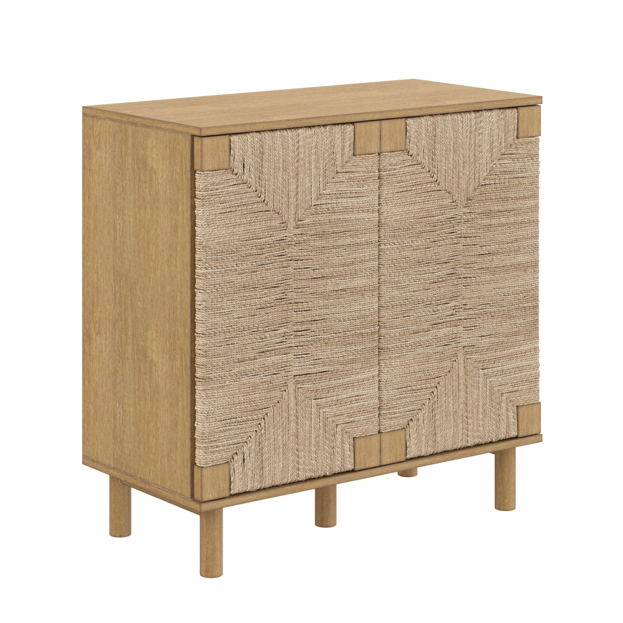 A light wood cabinet with two doors featuring a textured, woven pattern and four cylindrical legs, viewed at an angle.
