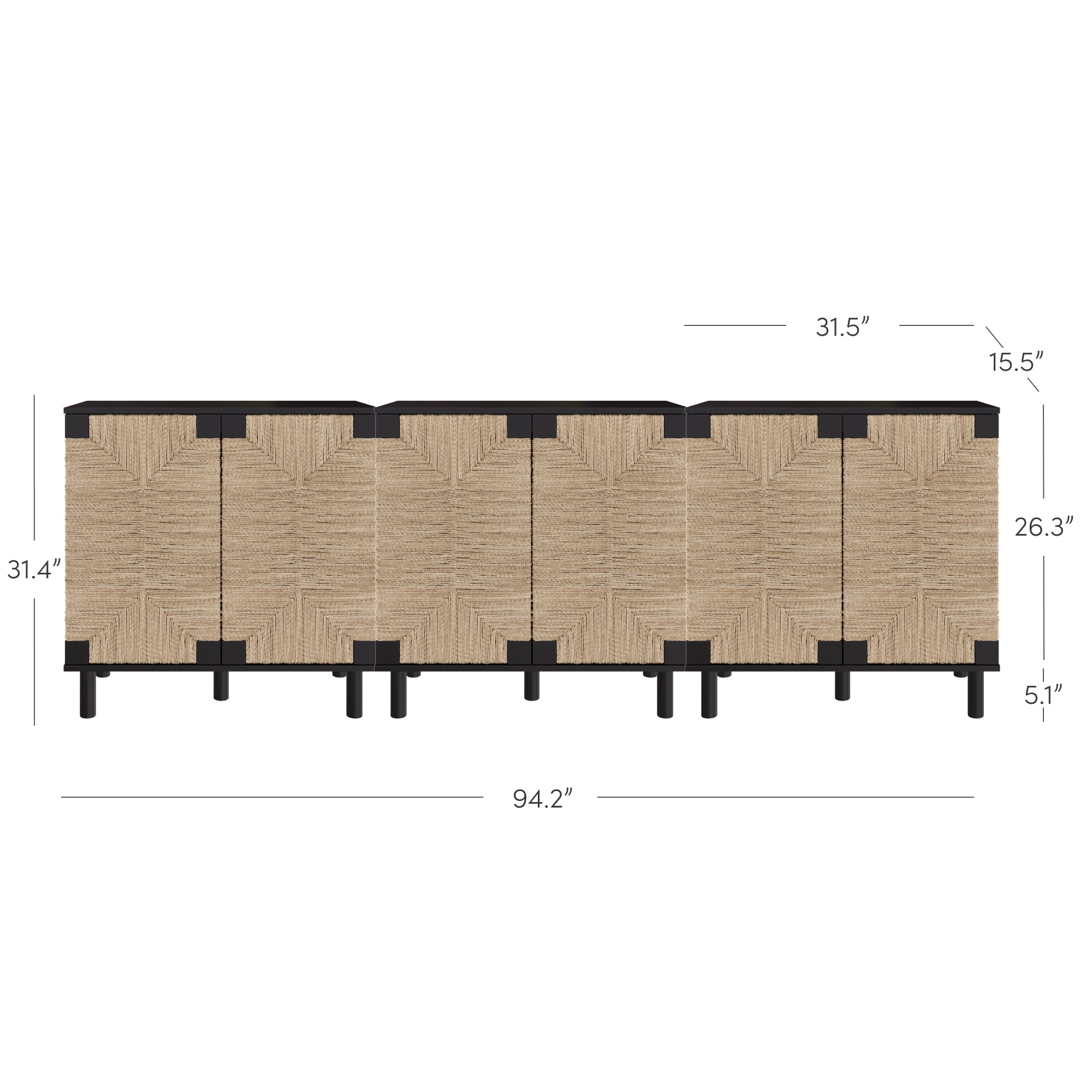 Sideboard with a woven beige front, black legs, and black trim. The dimensions are shown: 94.2 wide, 31.4 tall, 15.5 deep, with a front panel height of 26.3 and a 5.1 base.