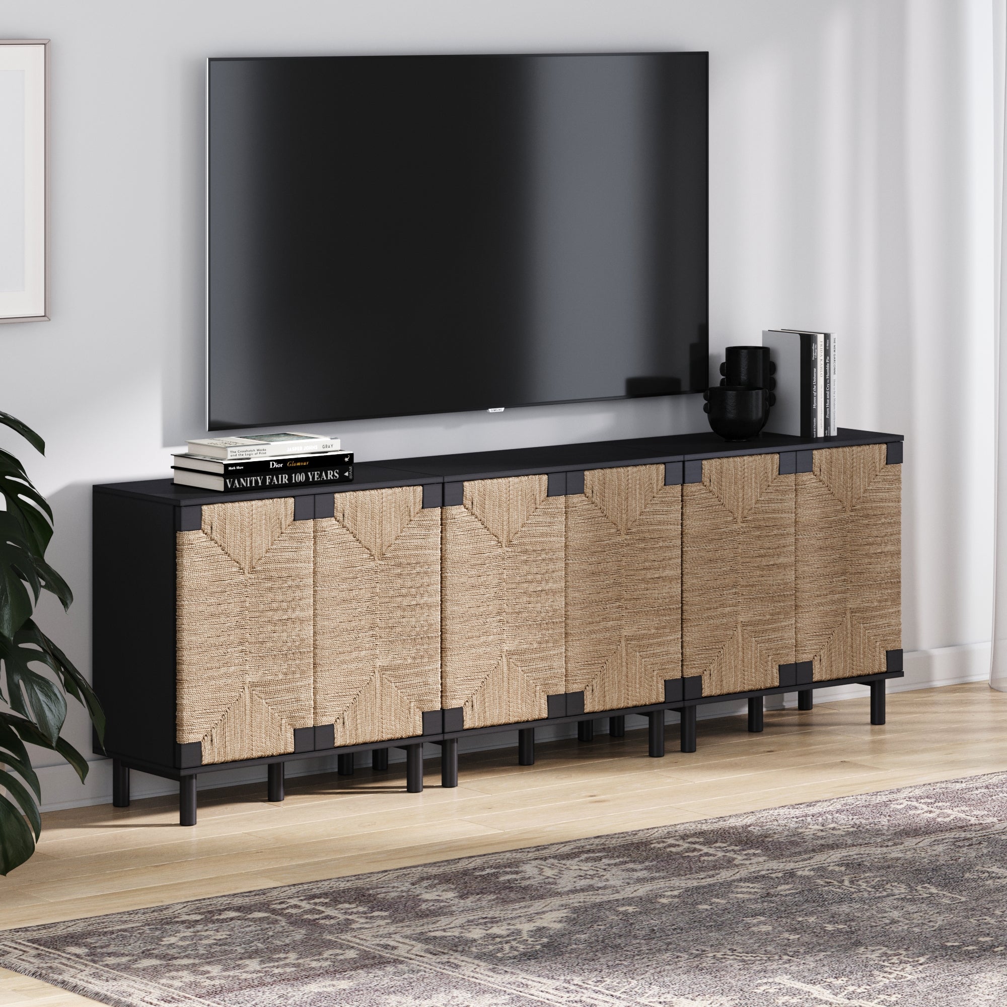 Wood TV Console for TVs 75 - 85" with Seagrass Doors Brushed Black - Nathan James
