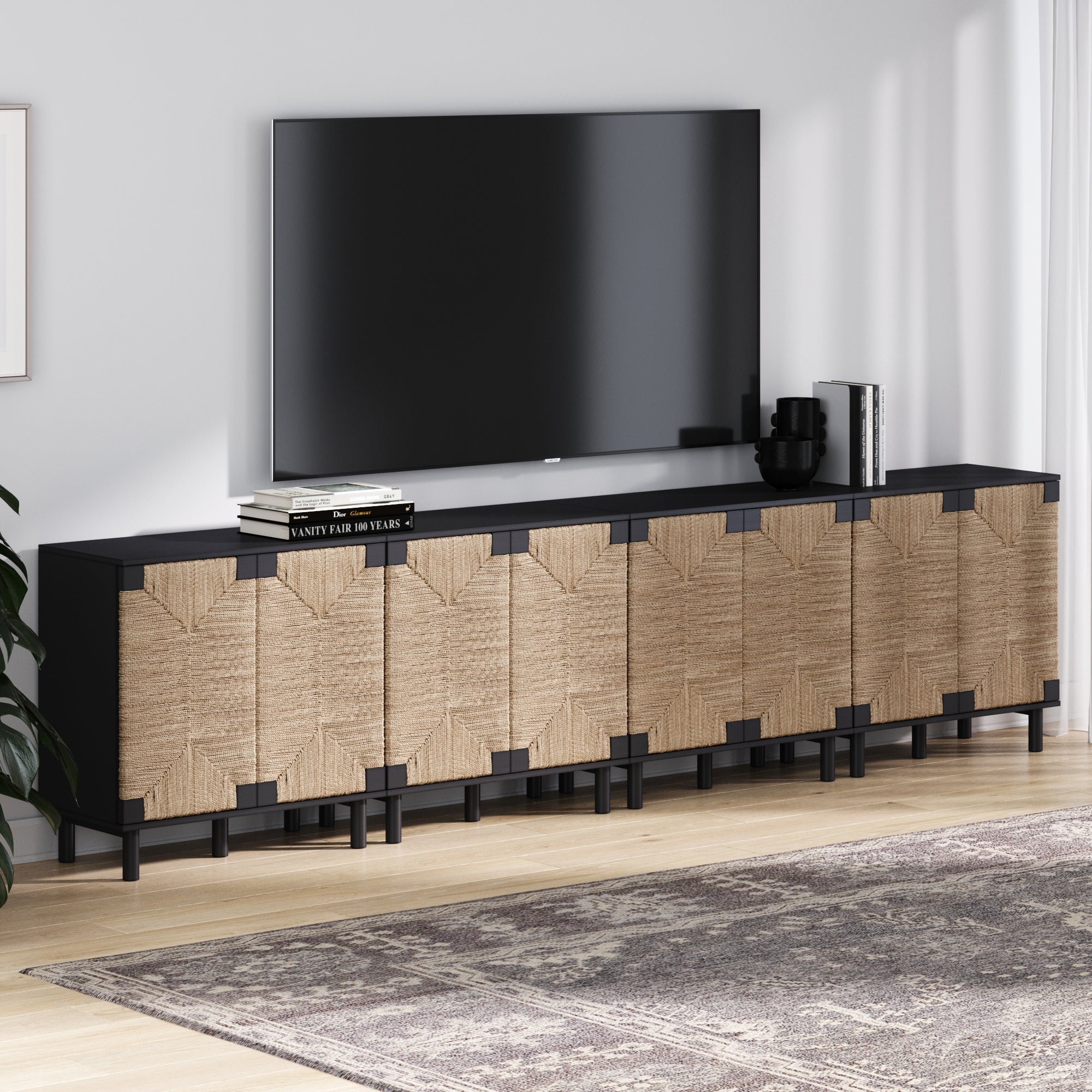 Wood TV Console for TVs 85" with Seagrass Doors Brushed Black - Nathan James