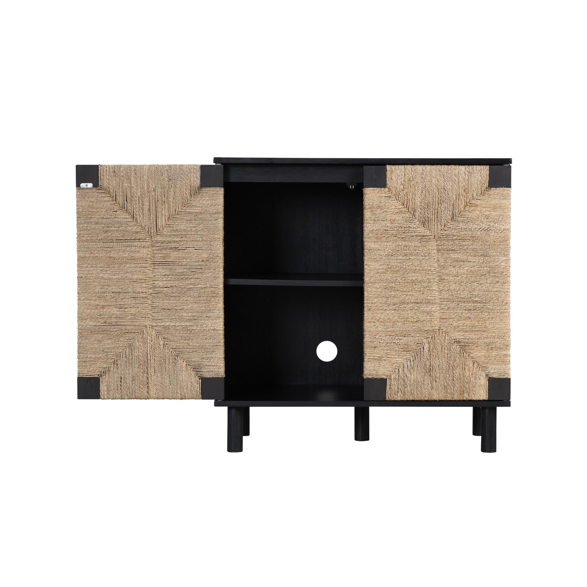 A black wooden cabinet with two open doors featuring woven natural fiber panels, revealing two interior shelves and a circular cutout in the back panel.