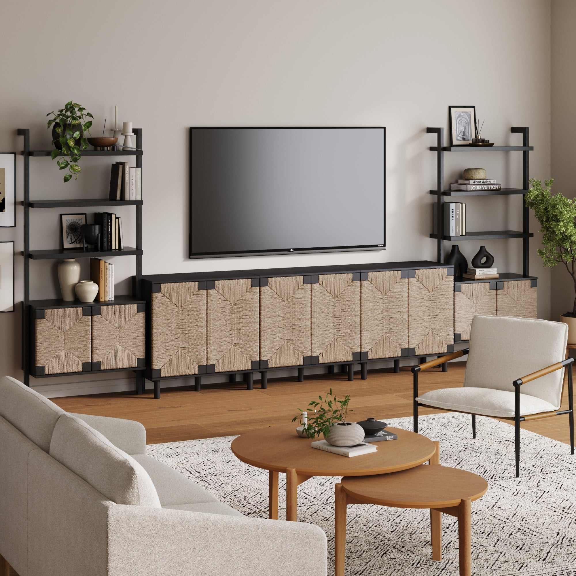 Boho Seagrass Entertainment Center Black (3 Cabinets) - Nathan James