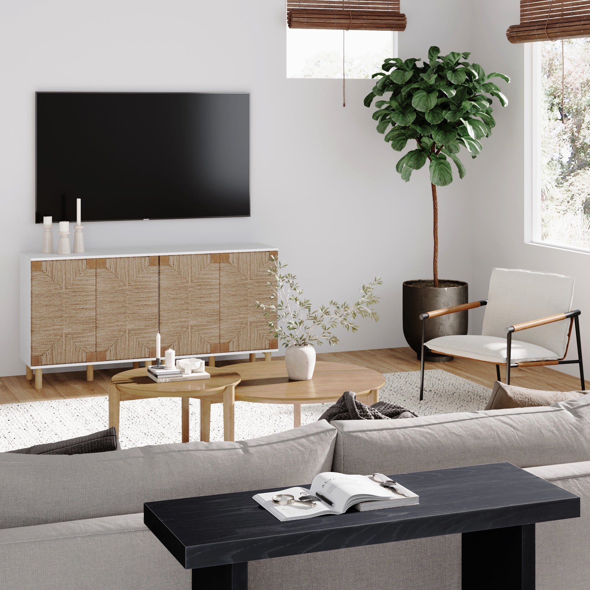 Wood TV Console for TVs 55 - 65" with Seagrass Doors White - Nathan James