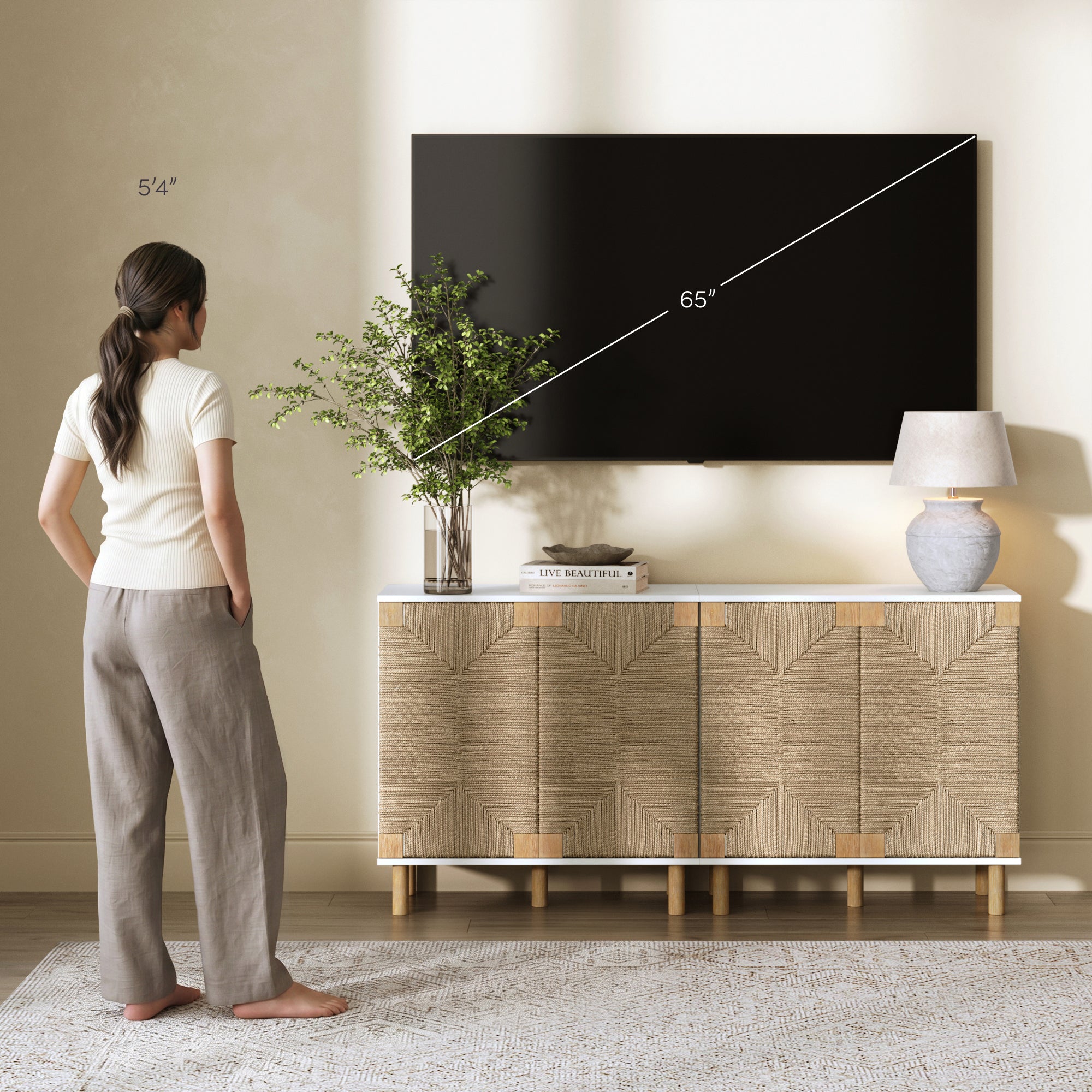 Wood TV Console for TVs up to 65" with Seagrass Doors White - Nathan James