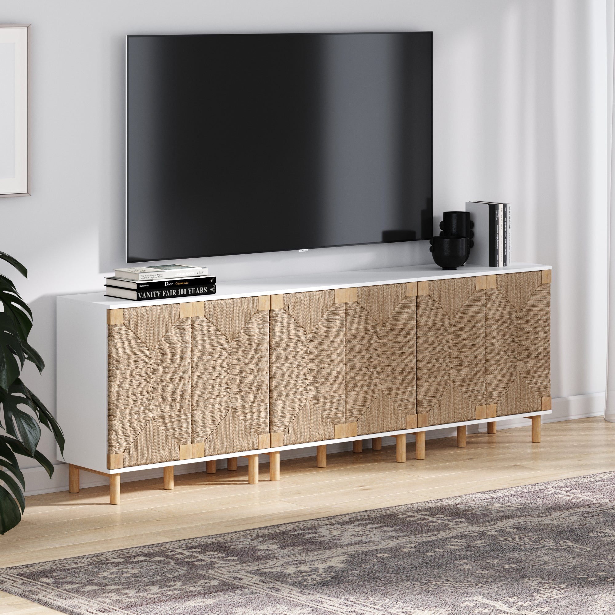 Wood TV Console for TVs 75 - 85" with Seagrass Doors White - Nathan James