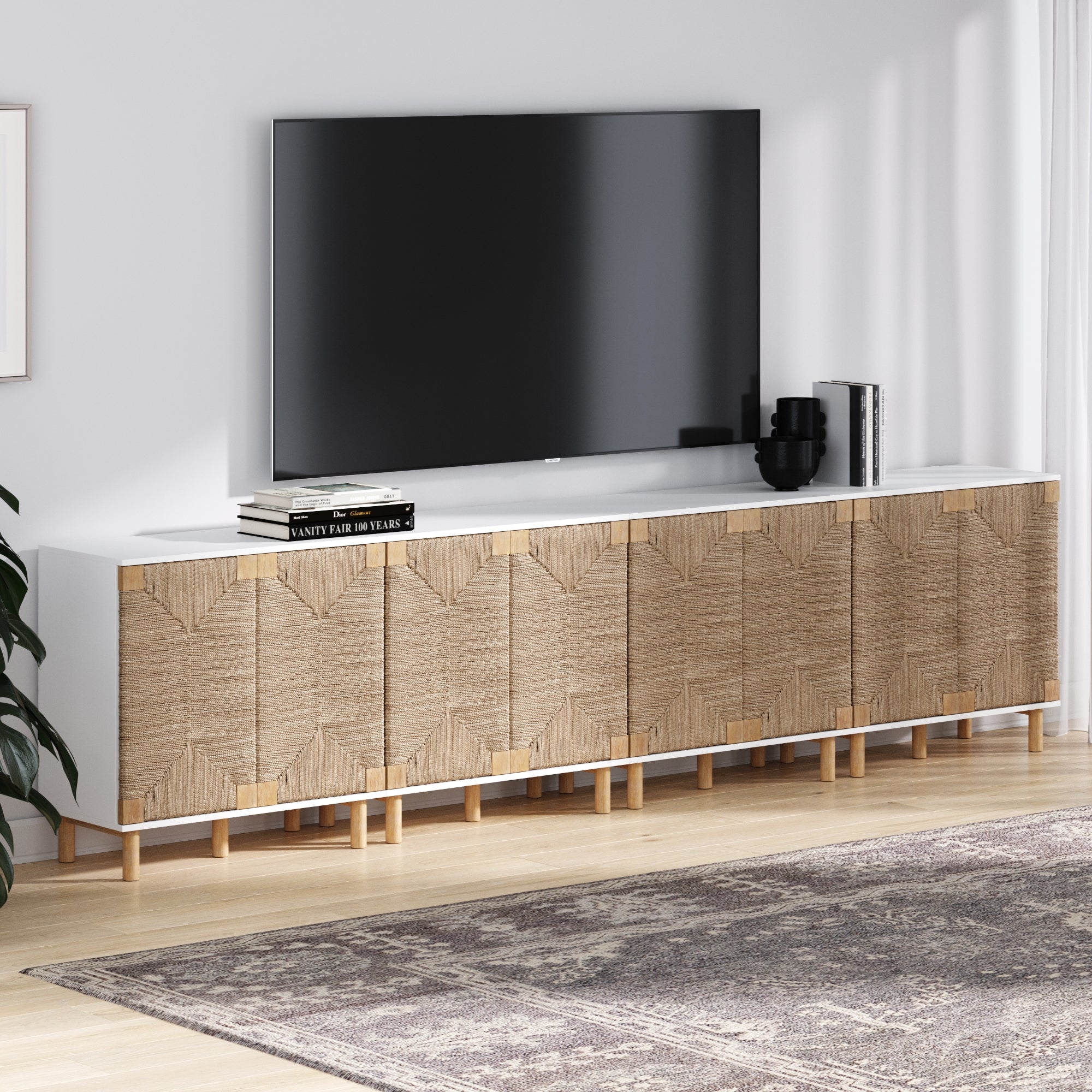 Wood TV Console for TVs 85" with Seagrass Doors White - Nathan James