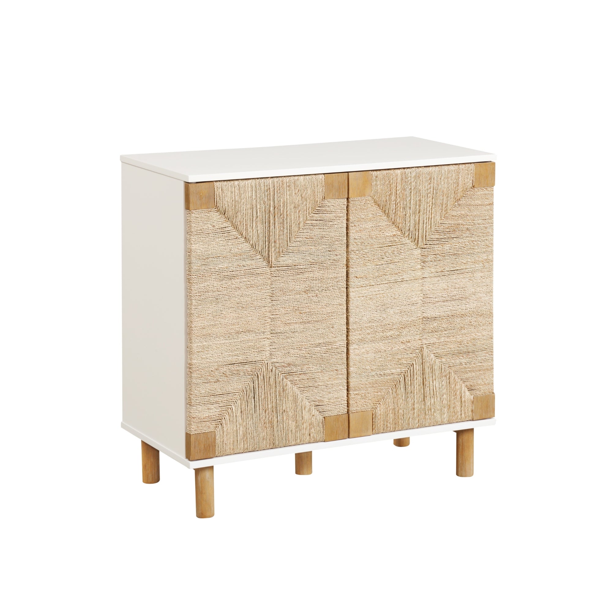 A small white cabinet with four wooden legs and two front doors featuring a geometric textured pattern in light brown wood accents.