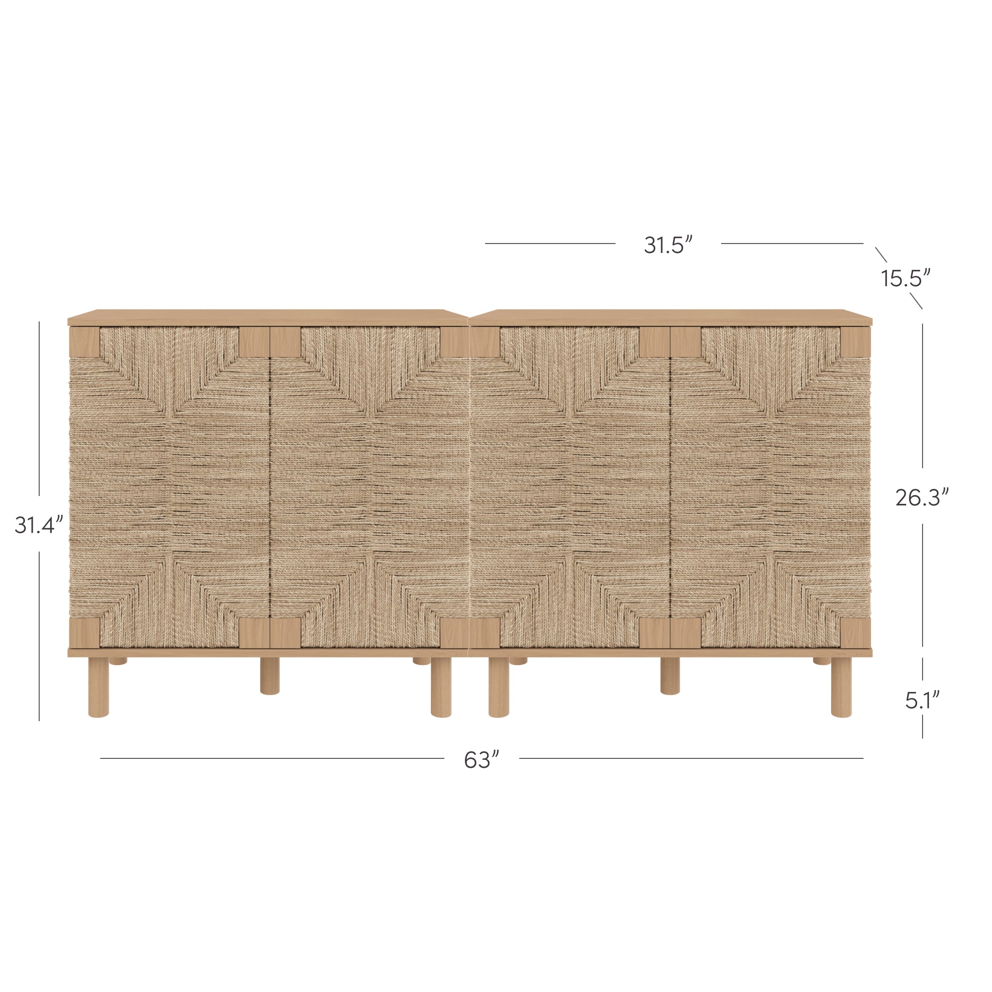 Front view of a woven, natural wood cabinet with four doors and eight legs. The cabinet measures 63 wide, 31.4 tall, 15.5 deep, with a base height of 5.1 and individual segment width of 31.5.