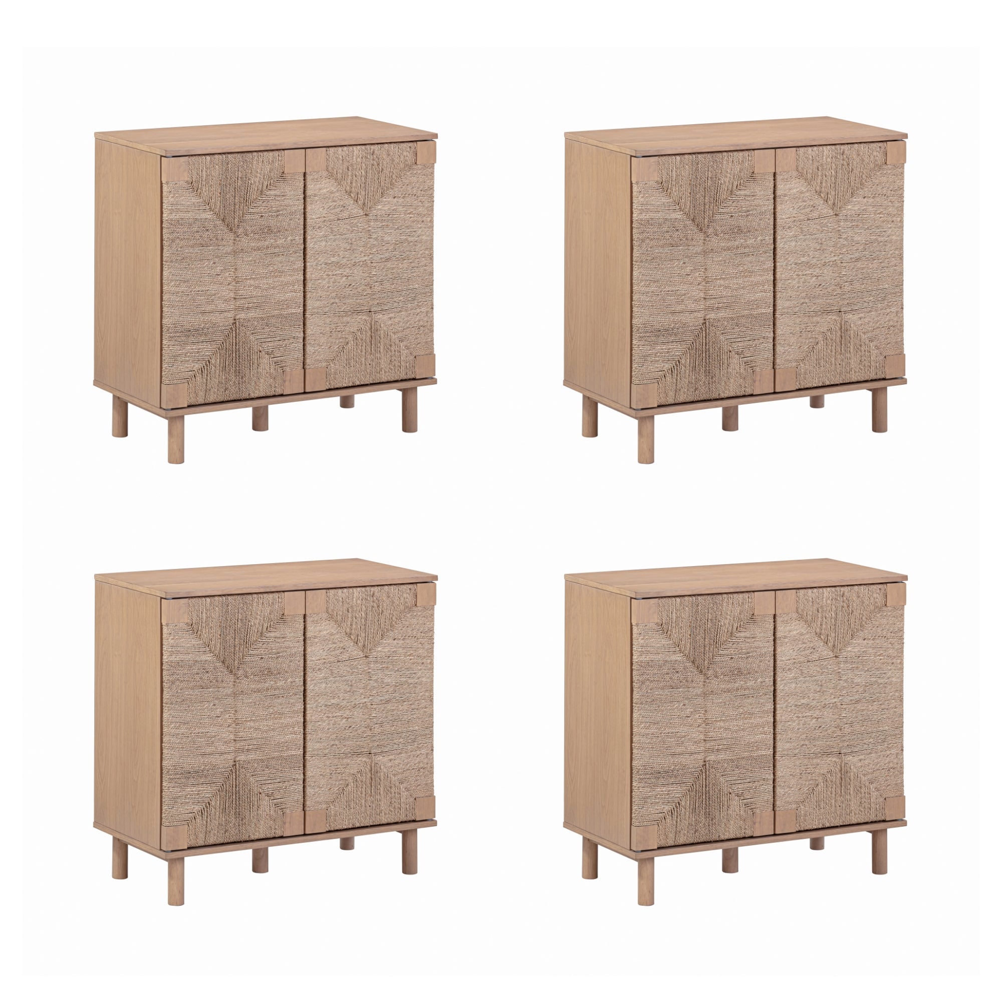 Four identical wooden cabinets with light brown frames and textured, geometric-patterned front doors, arranged in a two-by-two grid on a white background.