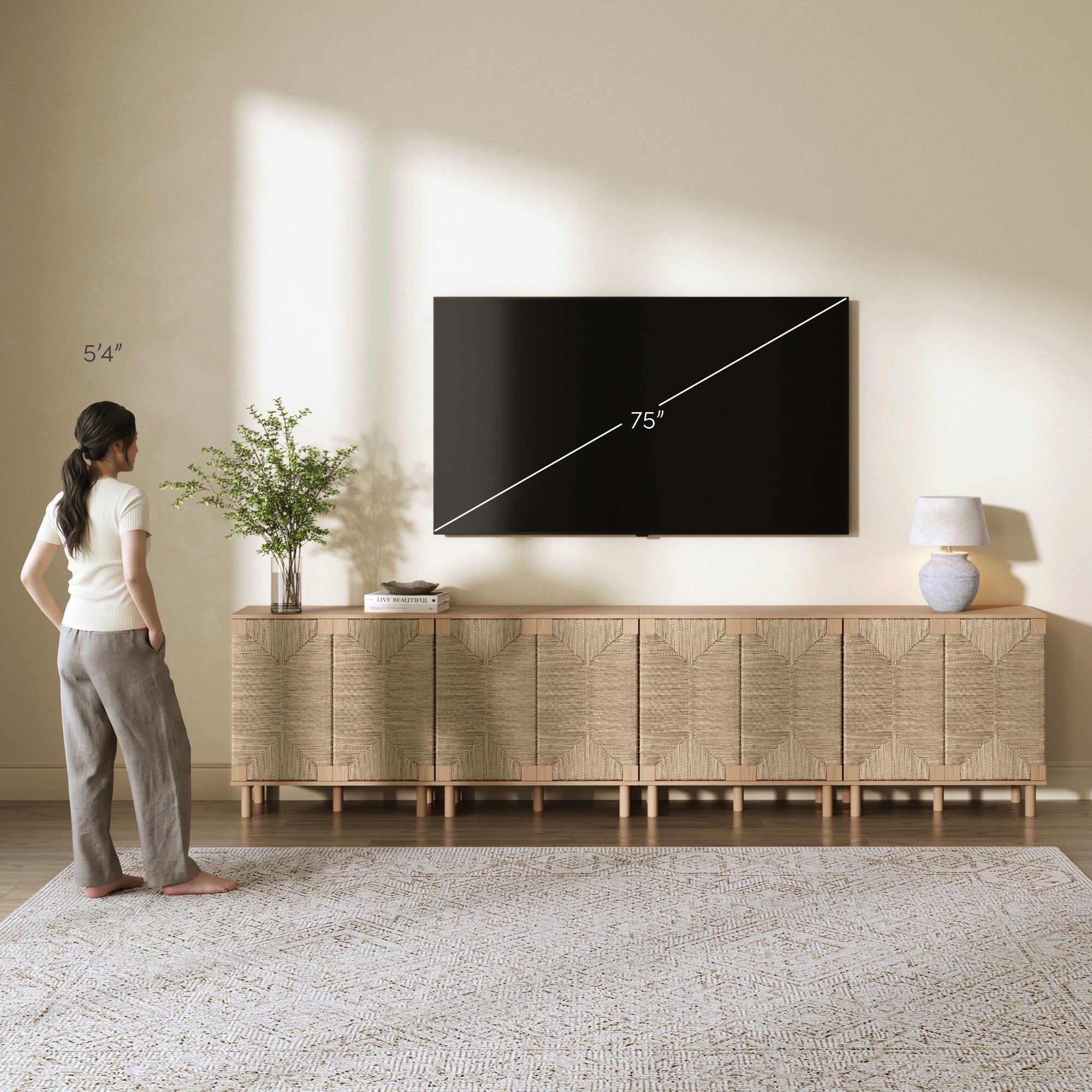 Wood TV Console for TVs up to 100" with Seagrass Doors Raw Oak - Nathan James