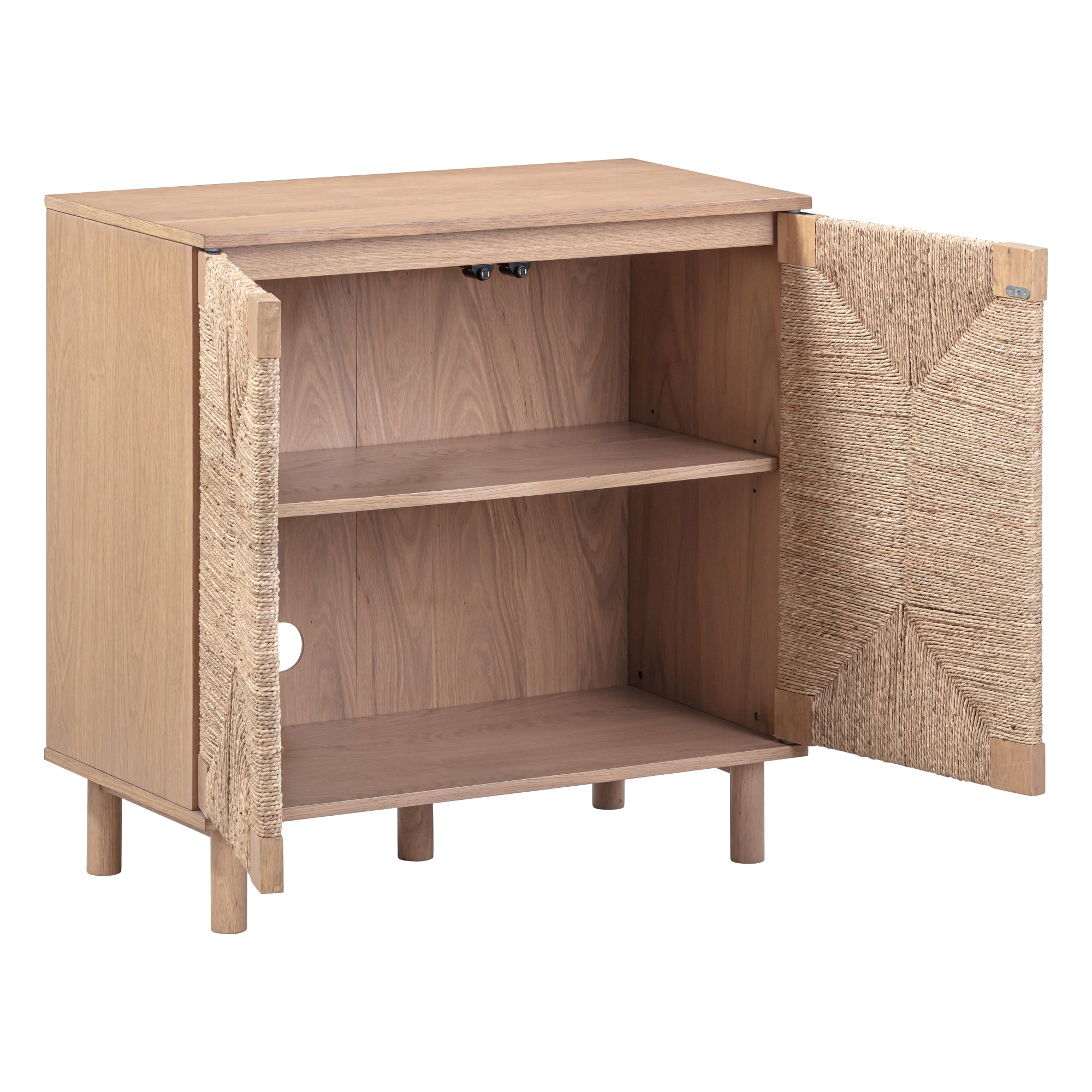 A wooden cabinet with two textured doors opened to reveal a single interior shelf. The cabinet stands on four legs and has a natural, light wood finish.