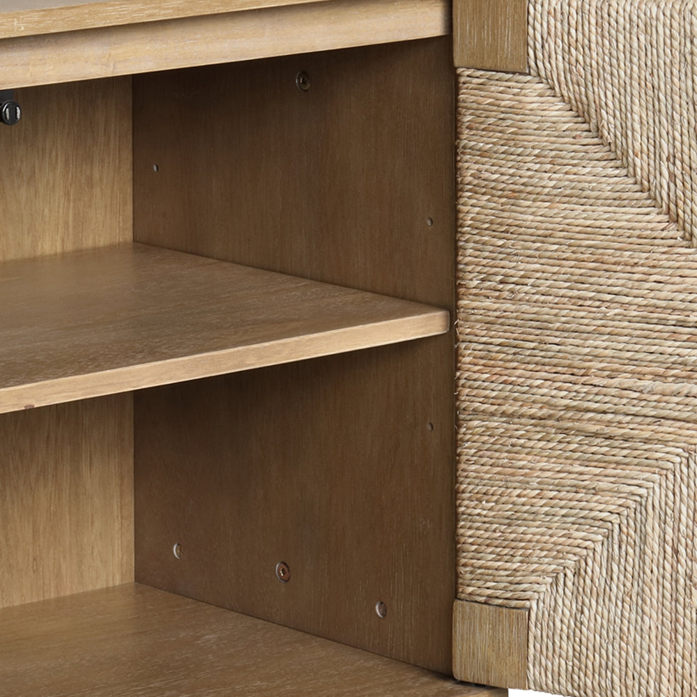 Open cabinet with two wooden shelves and a side door featuring a decorative, geometric woven rope pattern.