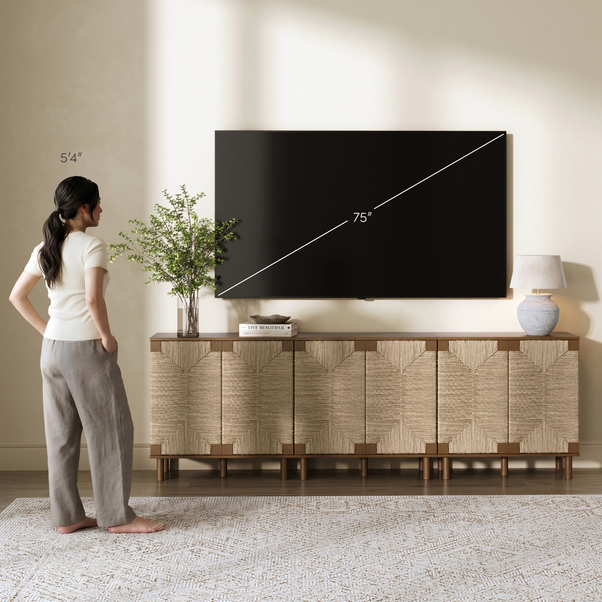 Wood TV Console for TVs up to 75" with Seagrass Doors Dark Brown - Nathan James