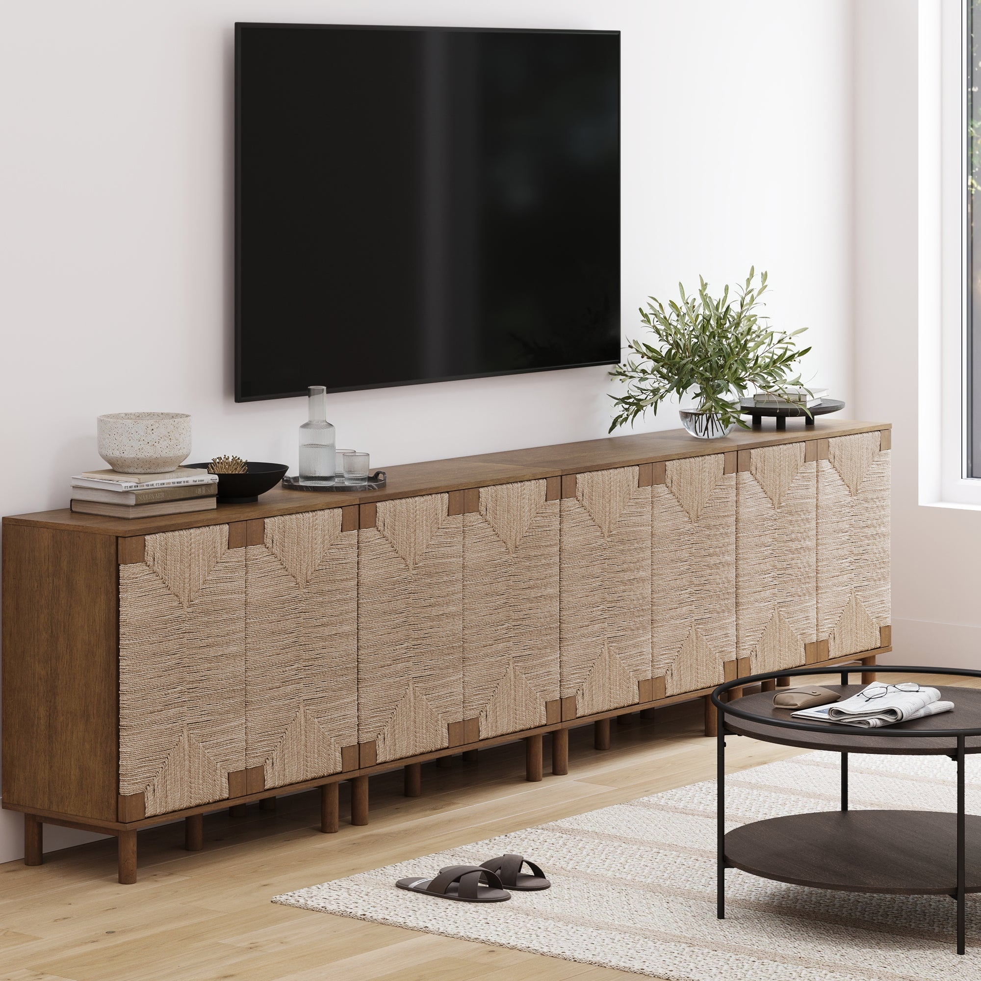Wood TV Console for TVs 85" with Seagrass Doors Dark Brown - Nathan James