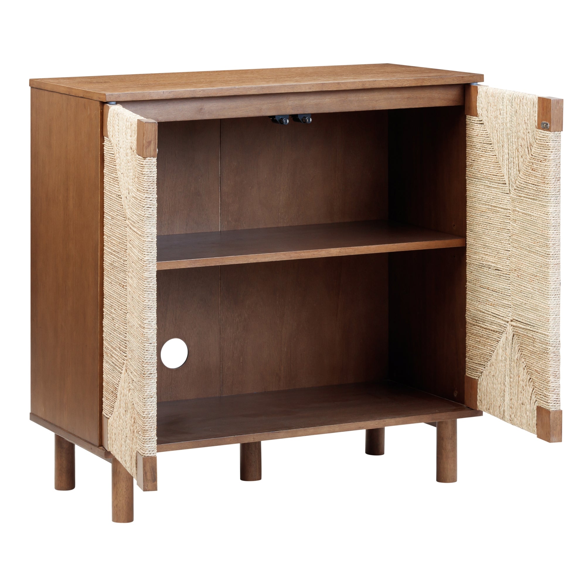 A wooden cabinet with two open doors, revealing an interior shelf and a circular cable hole at the back. The doors feature woven rope detailing, and the cabinet stands on six cylindrical legs.