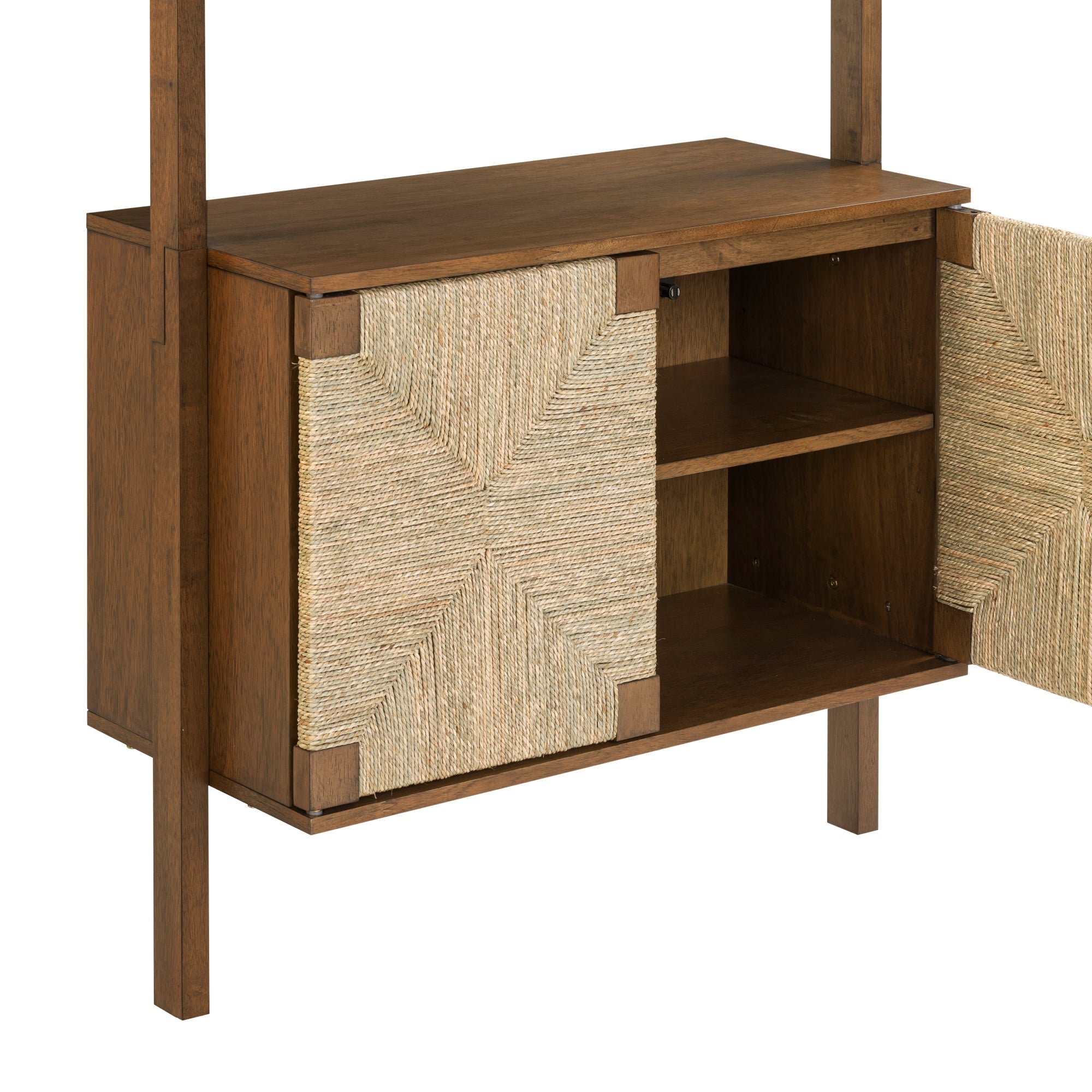 A wooden cabinet with woven textured doors, one of which is open to reveal two interior shelves. The cabinet has a mid-century modern design and stands on four straight legs.
