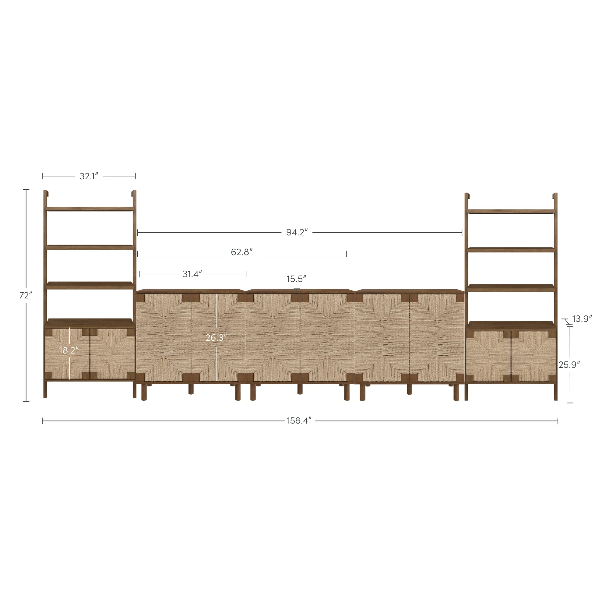 Front view diagram of a wooden shelving and storage unit with dimensions marked: total width 158.4, height 72, various shelf and cabinet sections labeled with widths and heights in inches.