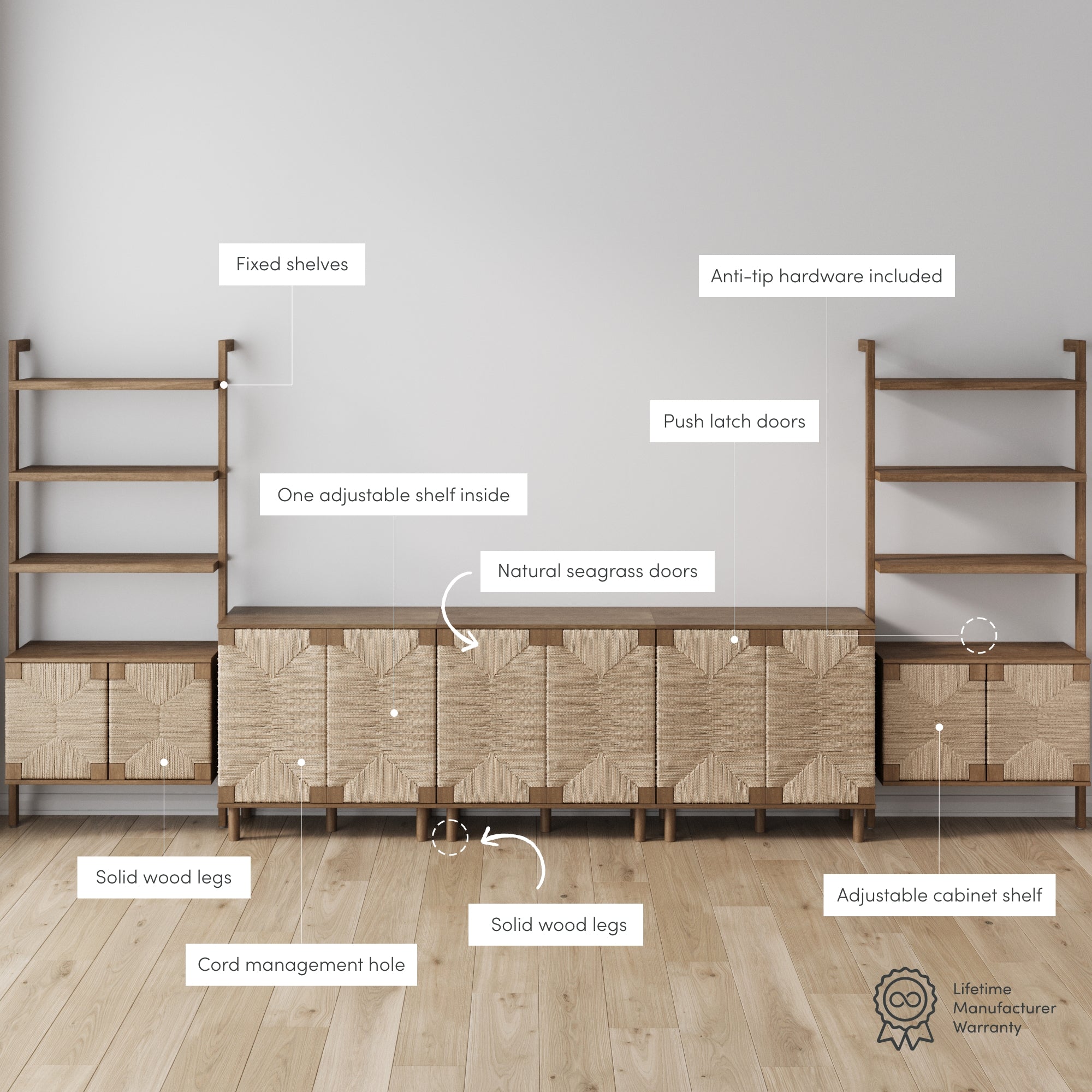 Minimalist wooden cabinets with natural seagrass doors, solid wood legs, and open shelving on both sides. Features labeled include fixed shelves, adjustable shelf, cord hole, push latch doors, anti-tip hardware, and adjustable cabinet shelf.