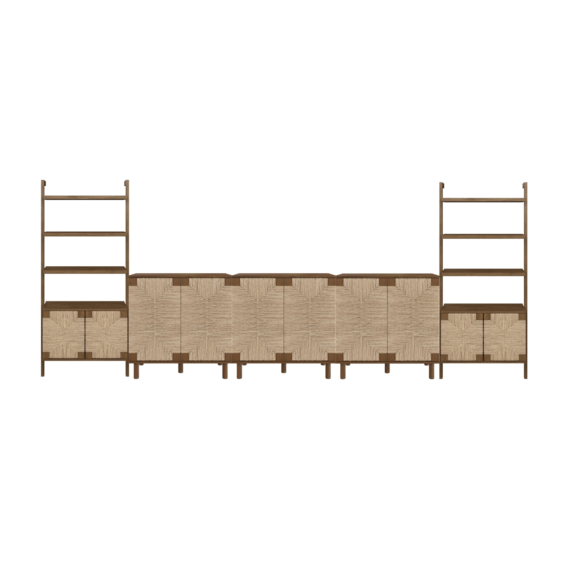 A wall unit with two open shelving towers on each end and a row of closed cabinets with woven panel doors in the center, all in a wood finish.