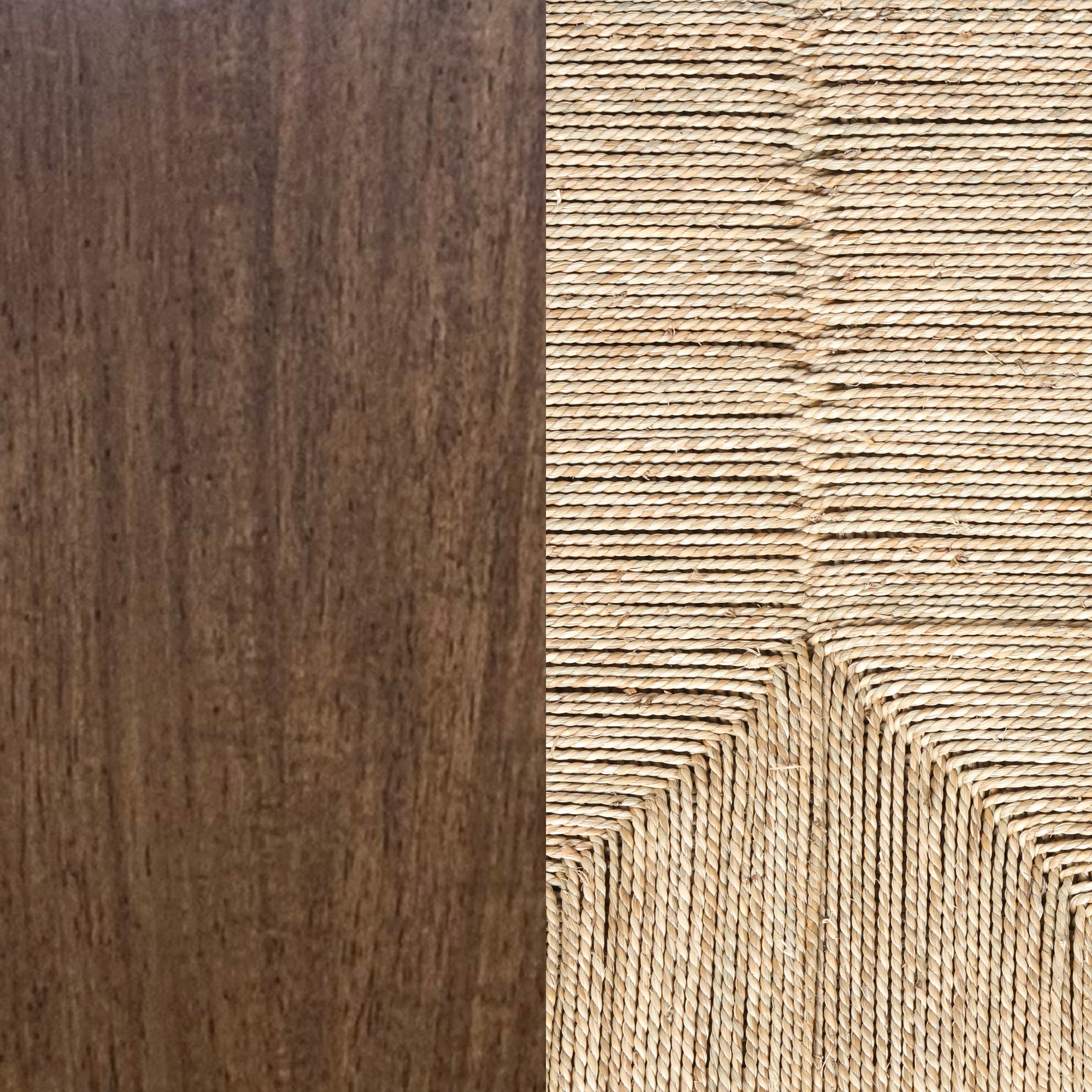 Close-up of two surfaces side by side: the left side shows smooth, dark brown wood, and the right side displays a textured, woven beige material with diagonal patterns.