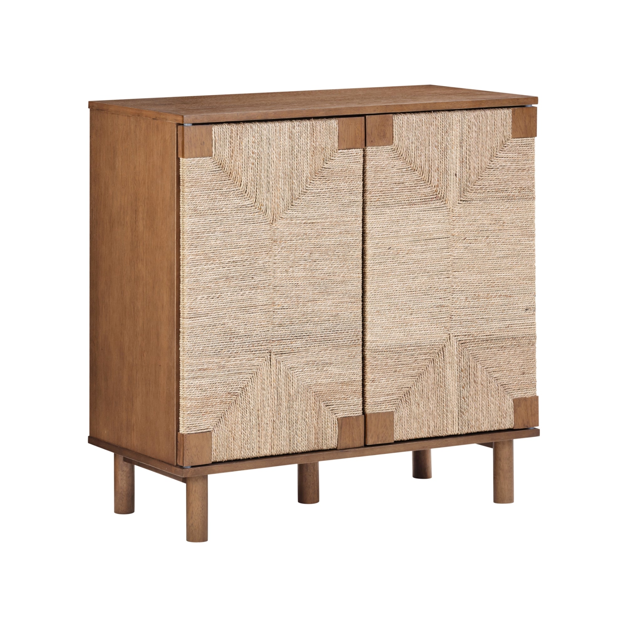 A wooden cabinet with two textured front doors featuring a woven, geometric pattern and four short, round legs. The cabinet has a natural, light brown finish.
