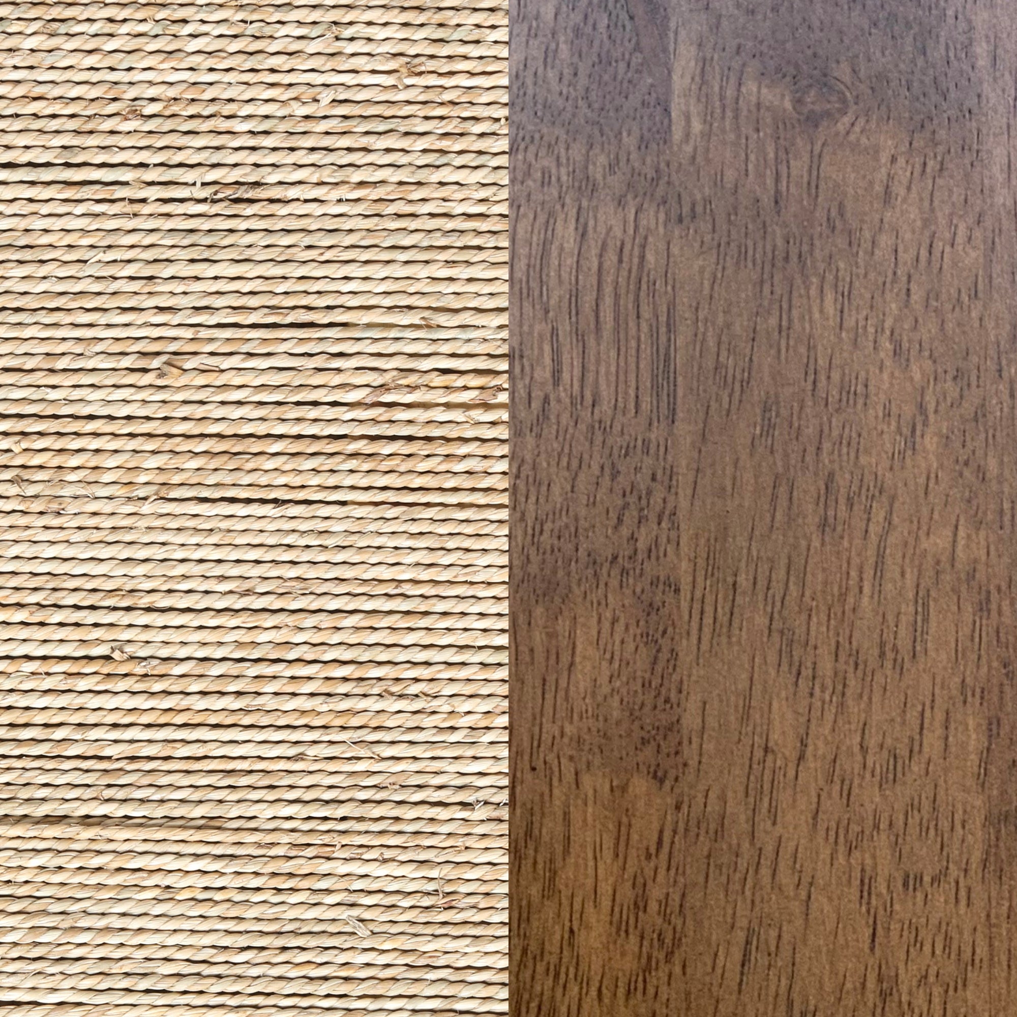 A close-up of two surfaces side by side: on the left, a woven beige rope mat, and on the right, a smooth, brown wooden surface.