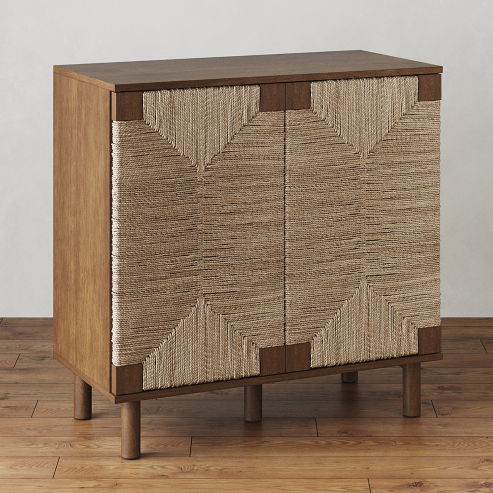 Wood cabinet with two doors featuring a geometric pattern of wrapped natural fiber rope and standing on four tapered legs.