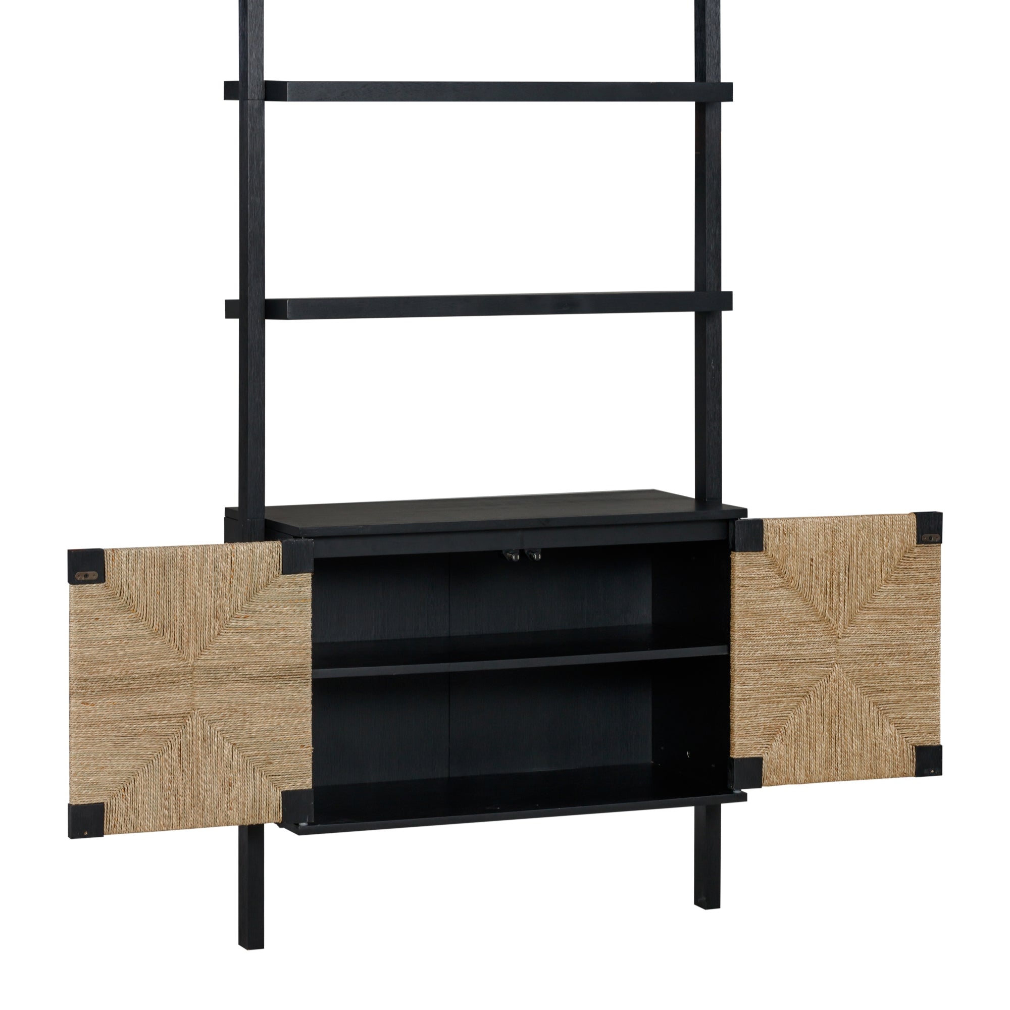 A modern black shelving unit with two open woven rattan cabinet doors revealing two interior shelves. The design features clean lines and a mix of black wood and natural texture.