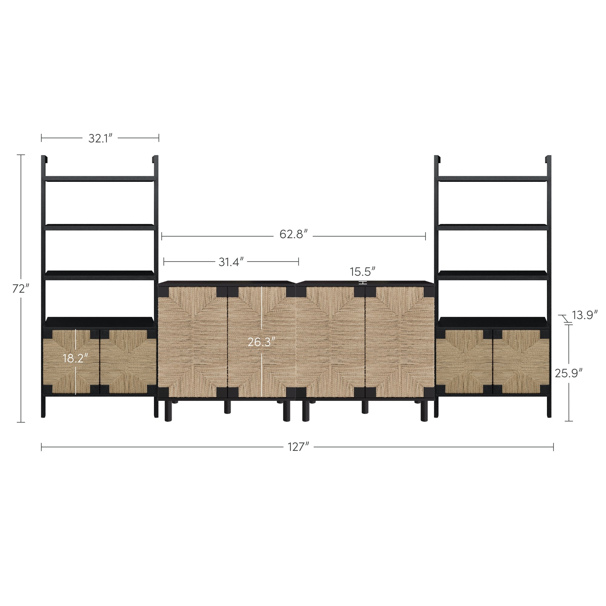 A modular shelving unit with black frames, light brown woven storage bins, and multiple open shelves. Dimensions are labeled: total width 127”, height 72”, bin section widths 16.2”, 26.3”, 15.5”, 31.4”, and shelf height 25.9”.
