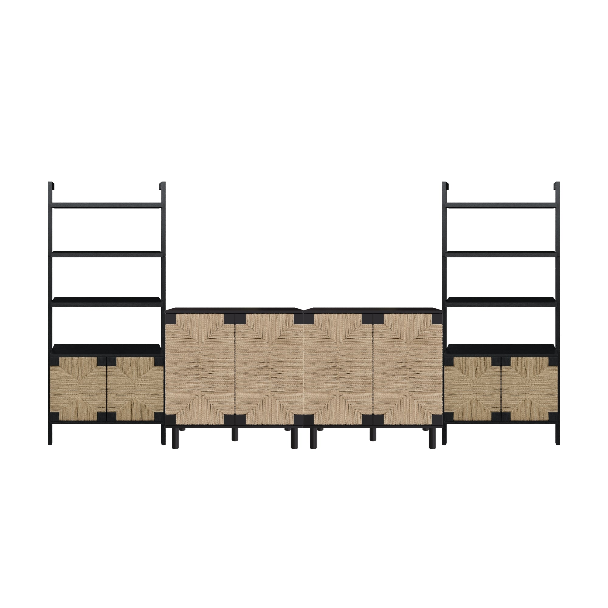 Modern shelving unit with two tall black ladder-like shelves on each side and a central cabinet section featuring four woven textured doors in a beige pattern. The background is white.