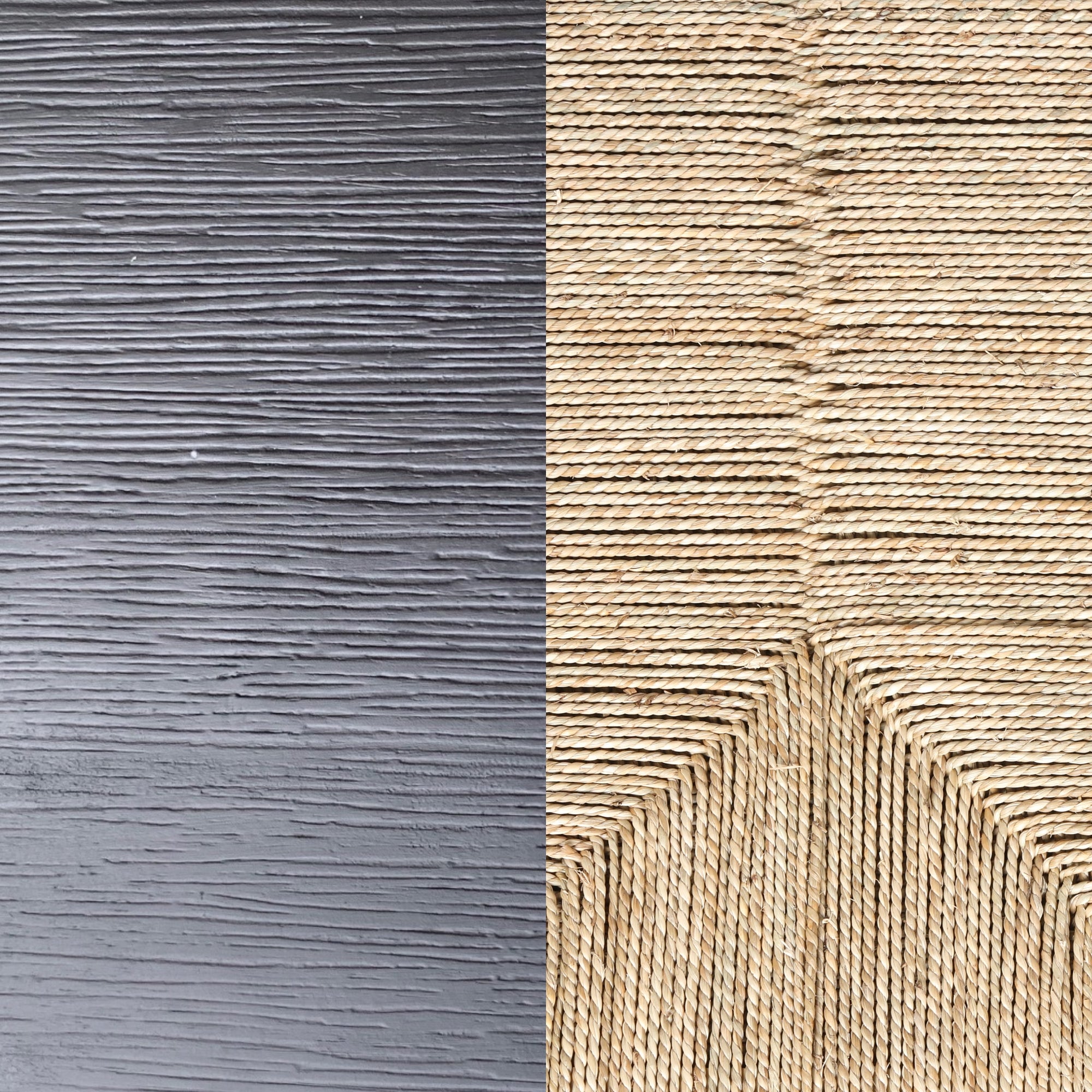 A close-up of two surfaces side by side: the left side is gray textured wood with horizontal grooves, and the right side is woven beige rope forming sharp geometric patterns.