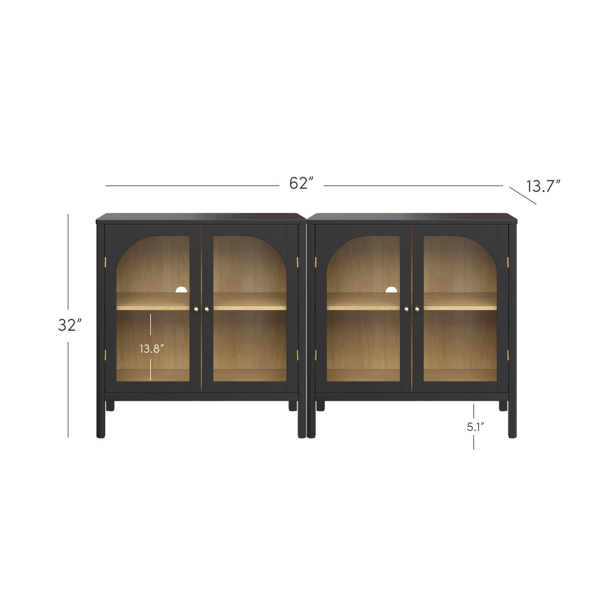 A set of two Nathan James Curio Cabinet Credenza with Glass Door Black cabinets featuring arched glass doors, brass hardware, and interior wooden shelves, displayed with height, width, and depth dimensions.
