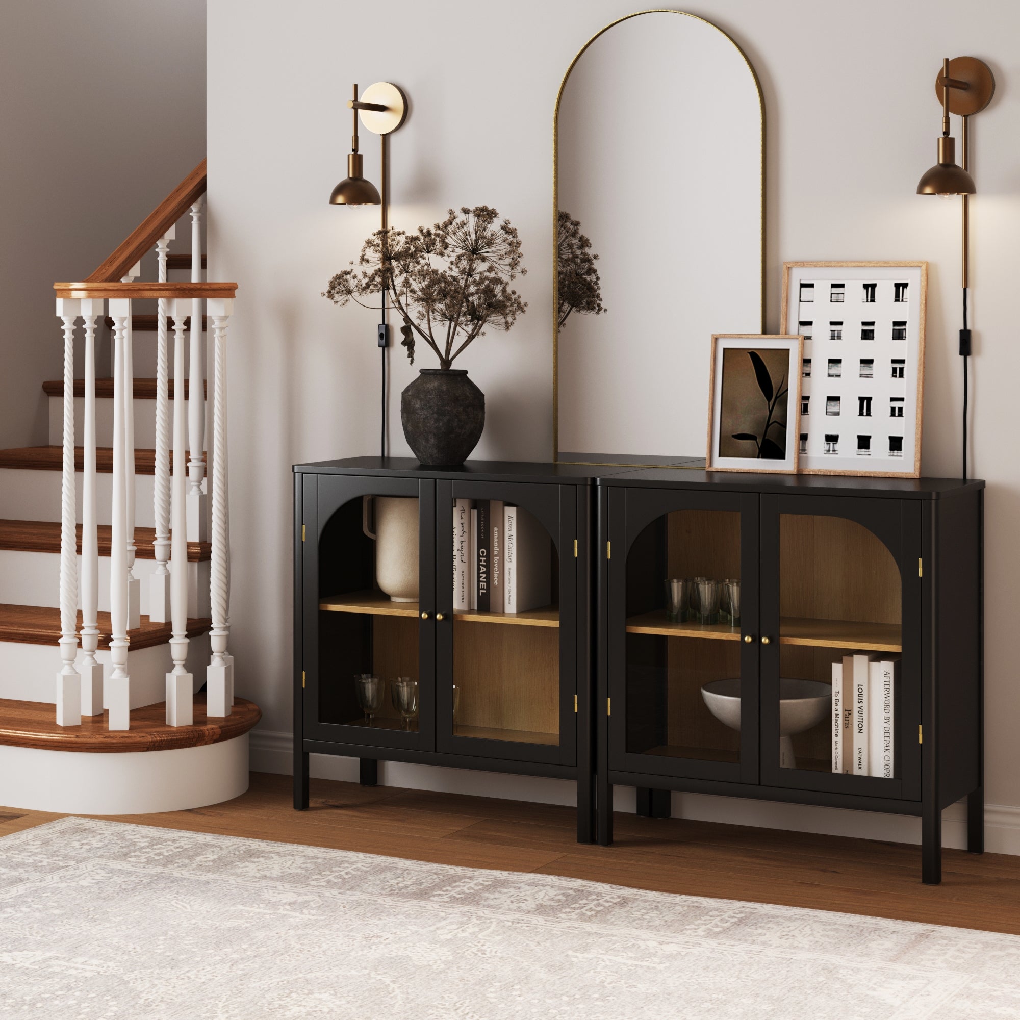 Curio Cabinet Credenza with Glass Door Black (Set of 2) - Nathan James