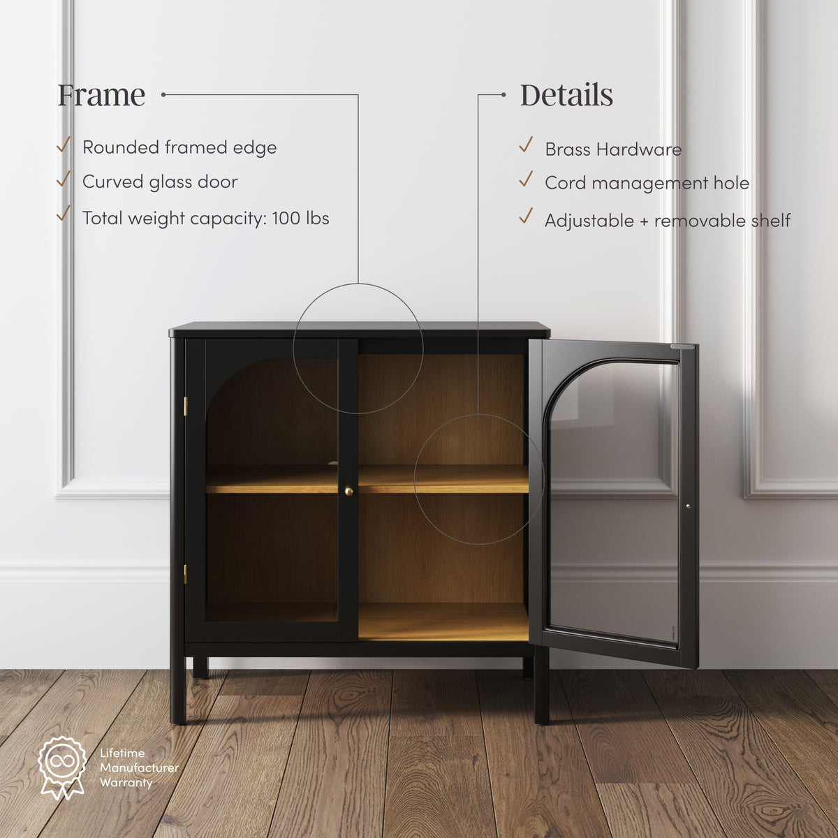 Nathan James Curio Cabinet Credenza with Glass Door Black, featuring a black cabinet with a curved glass door, open interior, rounded edges, brass finish hardware, and adjustable shelves.