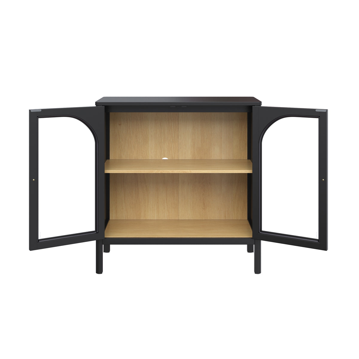 Nathan James Curio Cabinet Credenza with Glass Door Black in a black transitional style with open glass doors, a light wood-toned interior shelf, and brass finish hardware.