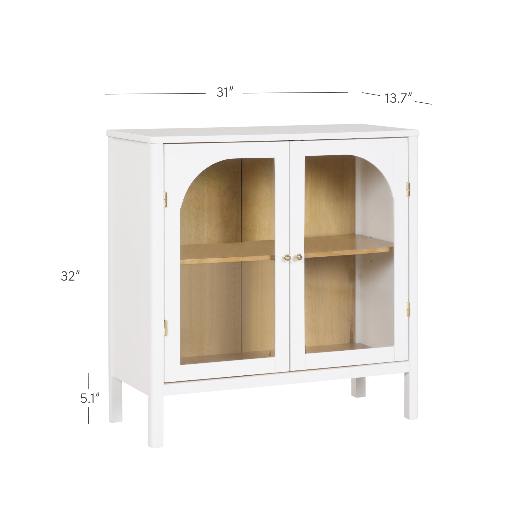 White cabinet with glass doors, one wooden shelf inside, gold hardware, and dimensions labeled: 31 inches wide, 32 inches tall, 13.7 inches deep, and 5.1-inch leg height. Cabinet interior is light wood.
