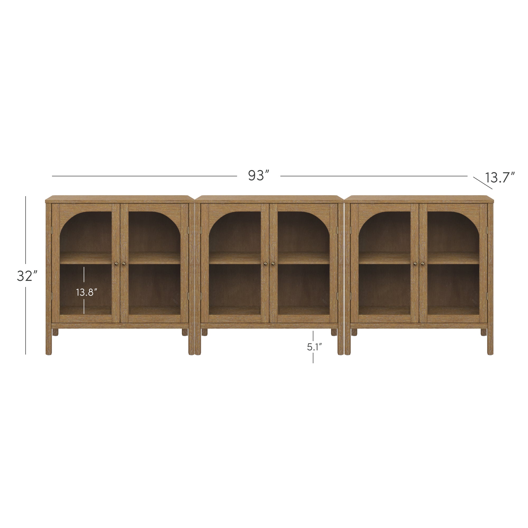 Wooden cabinet with three sections, each featuring double glass doors and internal shelves. Cabinet measures 93 wide, 32 tall, 13.7 deep; each section is 13.8 high inside, with a 5.1 gap from the floor.