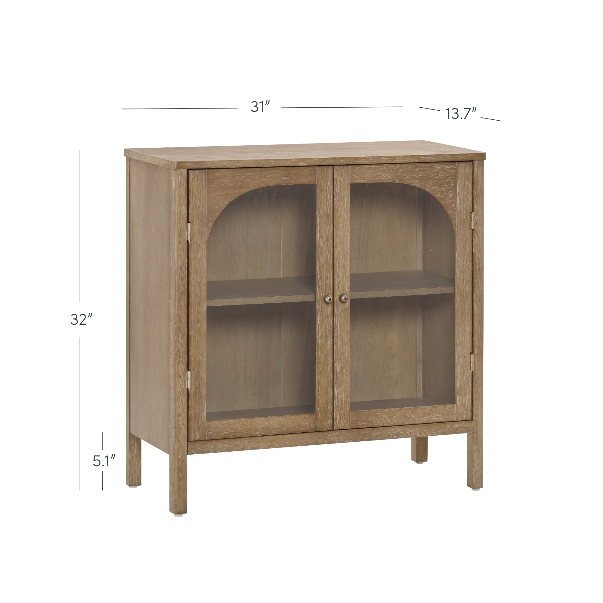 A light brown wooden cabinet with glass double doors and interior shelves. Dimensions are 31 inches wide, 32 inches high, and 13.7 inches deep. The legs are 5.1 inches tall.