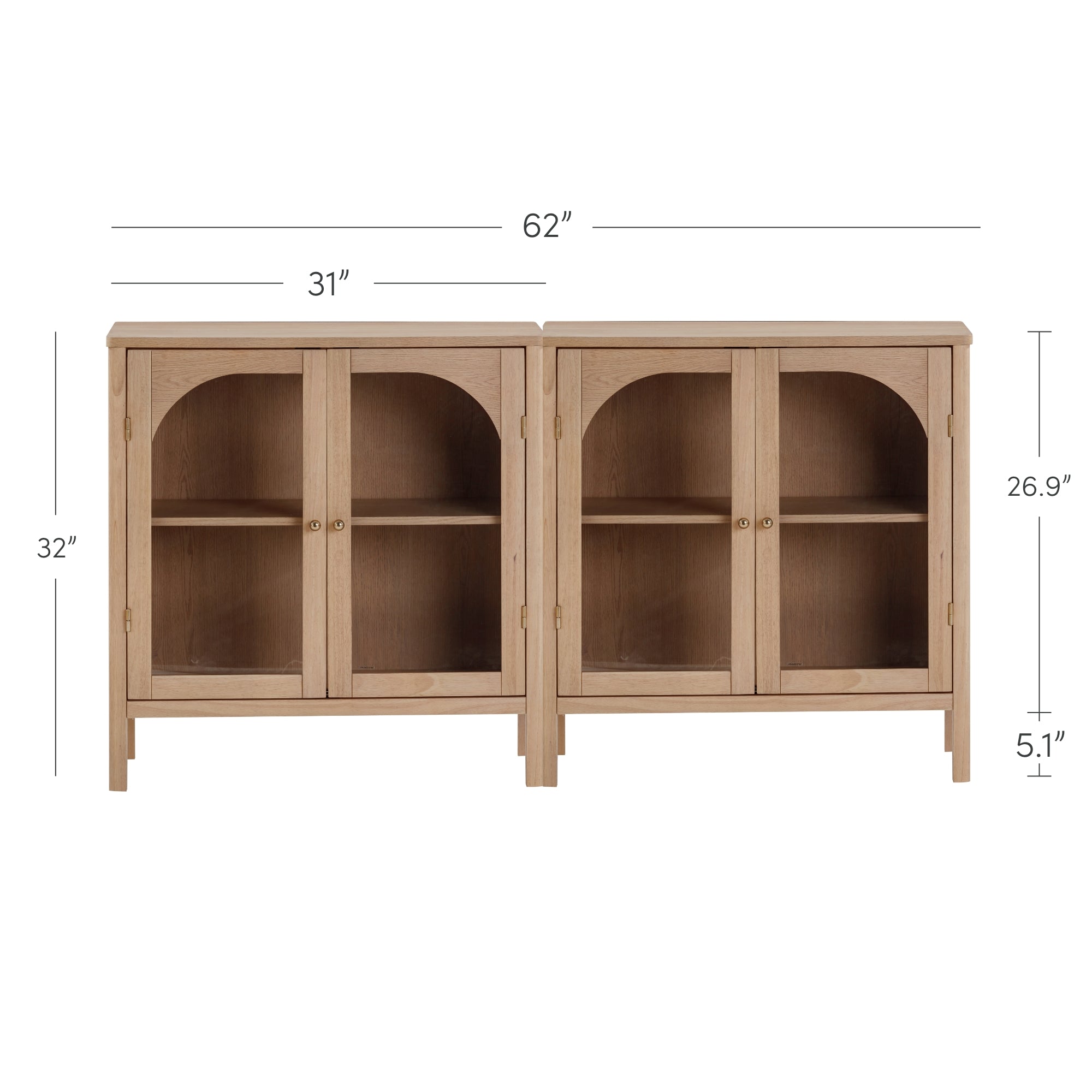 A pair of light wood cabinets with glass doors and shelves, placed side by side. The total width is 62 inches, each cabinet is 31 inches wide, 32 inches tall, and the legs are 5.1 inches high.