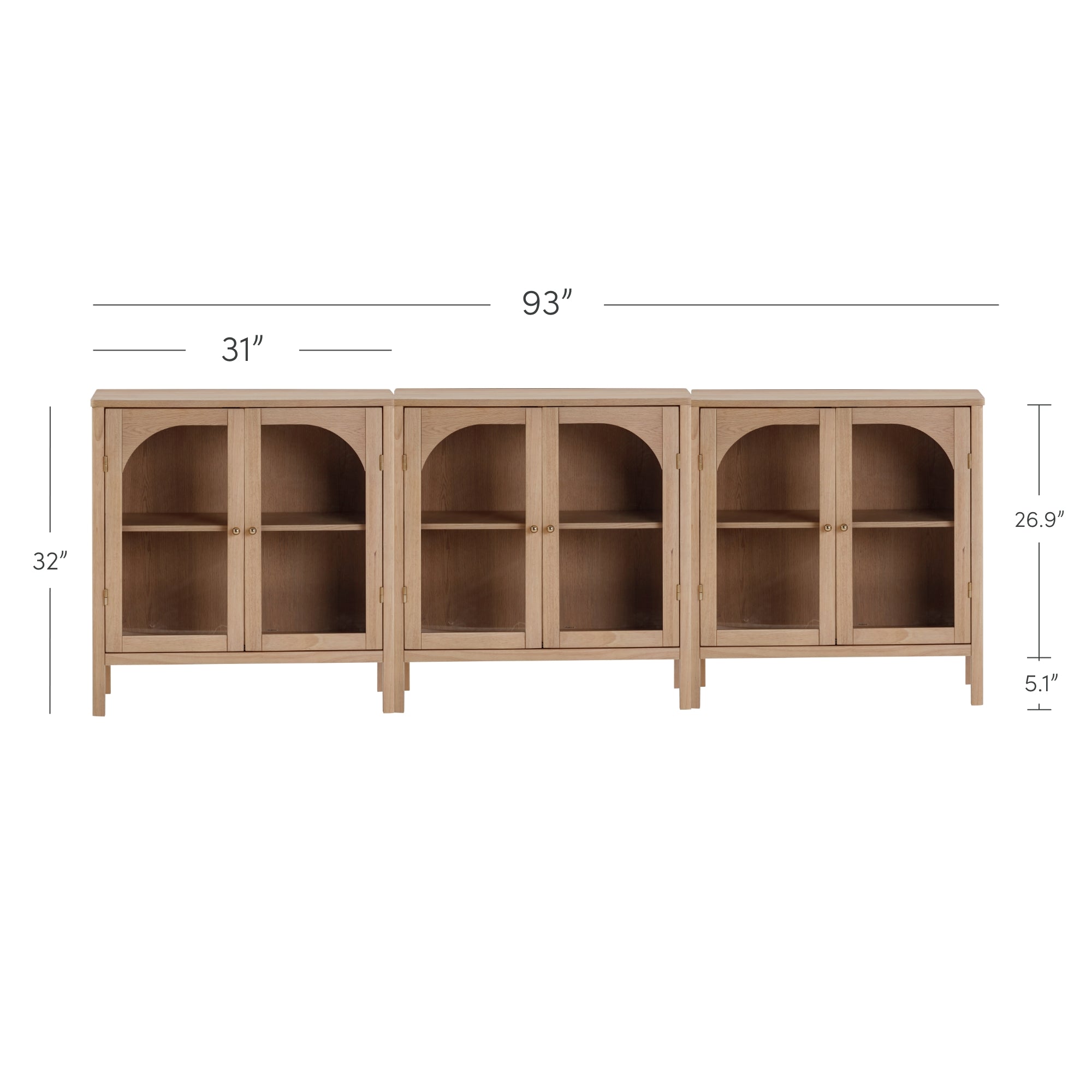 Three connected wooden cabinets with glass doors, each section measuring 31 inches wide, totaling 93 inches in width and 32 inches in height. Each cabinet has two shelves inside. Additional height and base measurements shown.