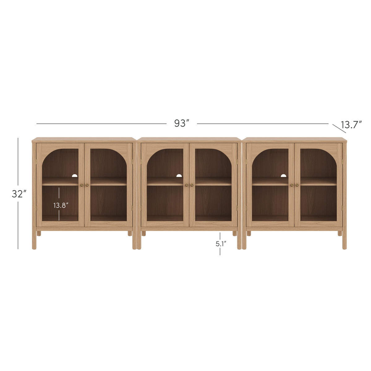 Three Nathan James Curio Cabinet Credenza with Glass Door Raw Oak storage cabinets with arched glass doors and interior shelving, shown with dimensions of 93 inches wide, 32 inches high, and 13.7 inches deep.