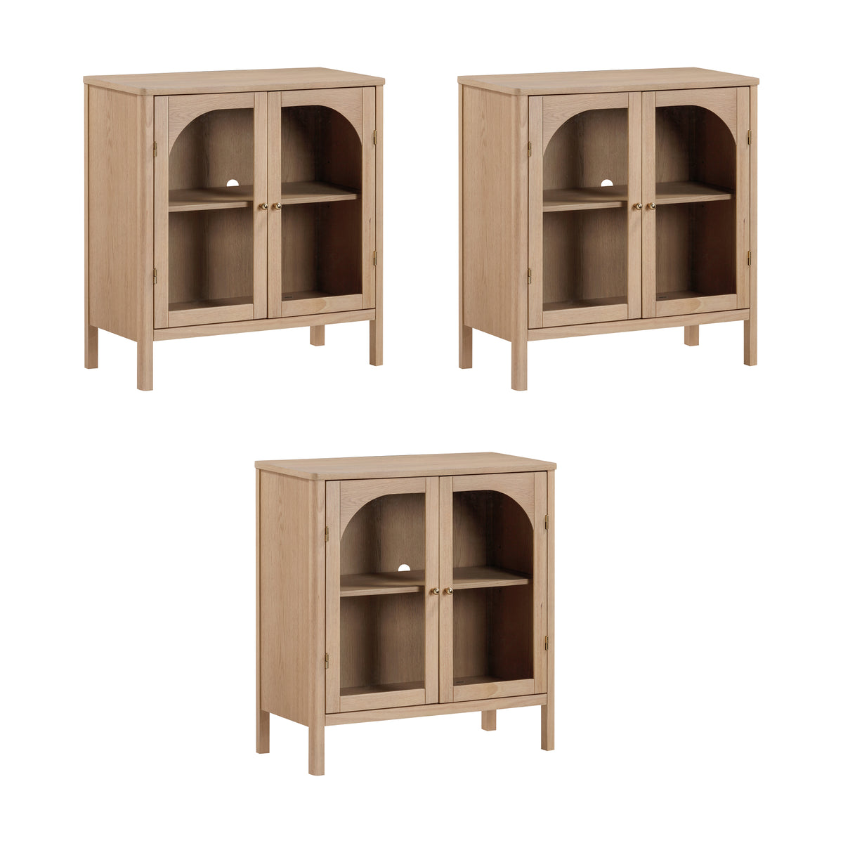 Three Nathan James Curio Cabinet Credenza with Glass Door Raw Oak storage cabinets, each with two glass doors featuring arched frames and brass hardware.