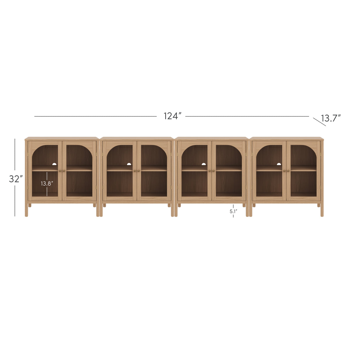 Four Large Glass Door Curio Cabinet Credenza Raw Oak units with arched glass doors and brass hardware, totaling 124 inches wide, 32 inches high, and 13.7 inches deep.