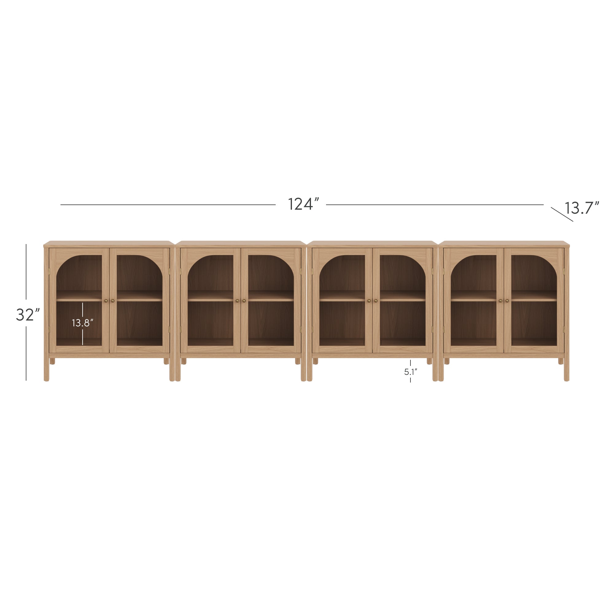 Light wood cabinet with four sections, each featuring two glass doors and interior shelves. Cabinet measures 124 inches wide, 32 inches tall, and 13.7 inches deep. Each door section is 13.8 inches wide, legs are 5.1 inches tall.